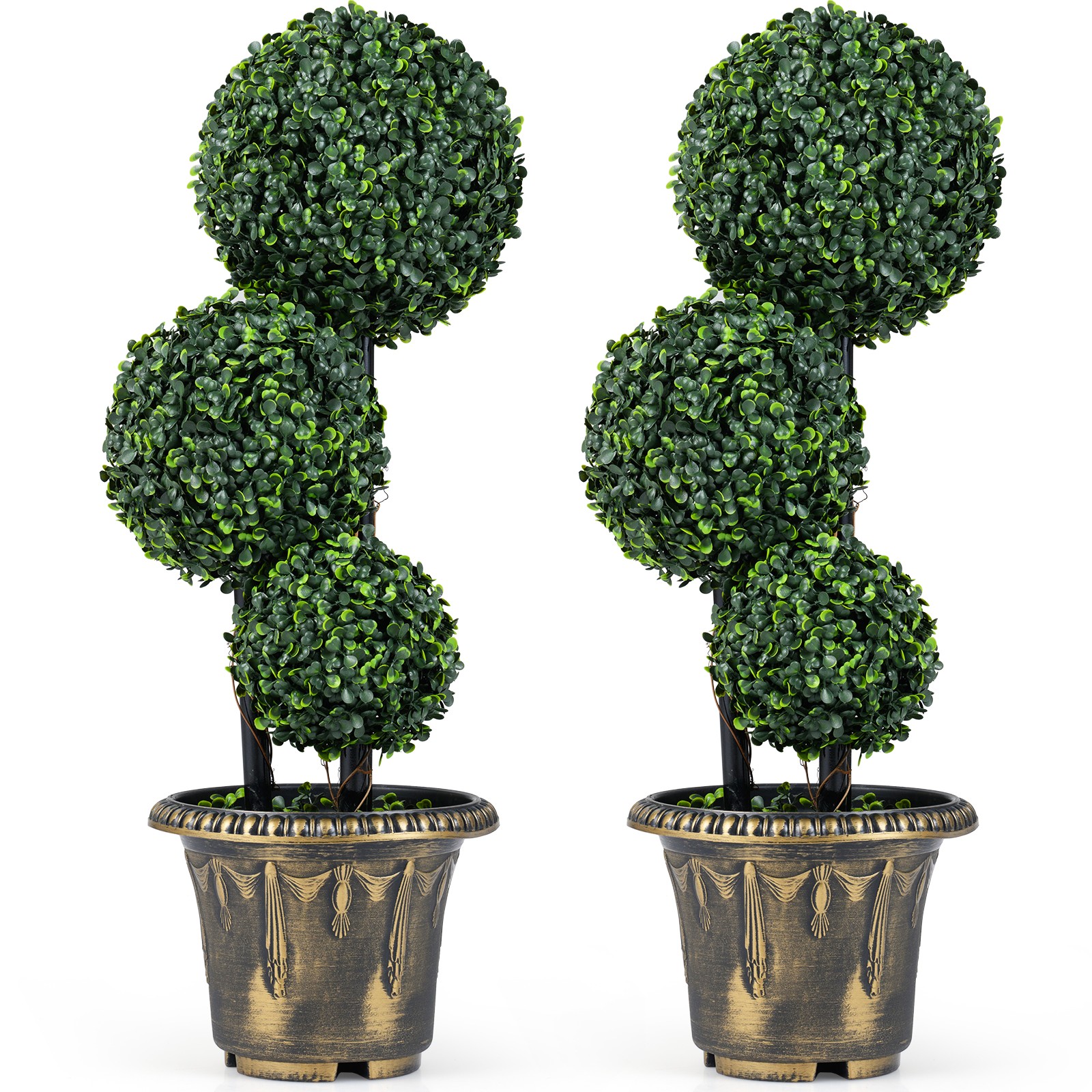 2PCS 2.5 FT Artificial Boxwood Topiary Tree, Sun-Protective Triple Ball Shrubs