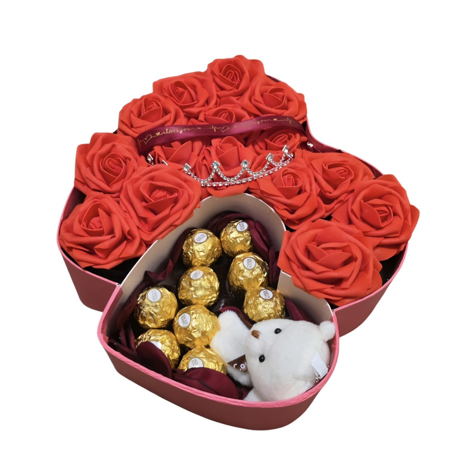 Eternal red flowers with a box in the shape of a pink heart, chocolate/bear.