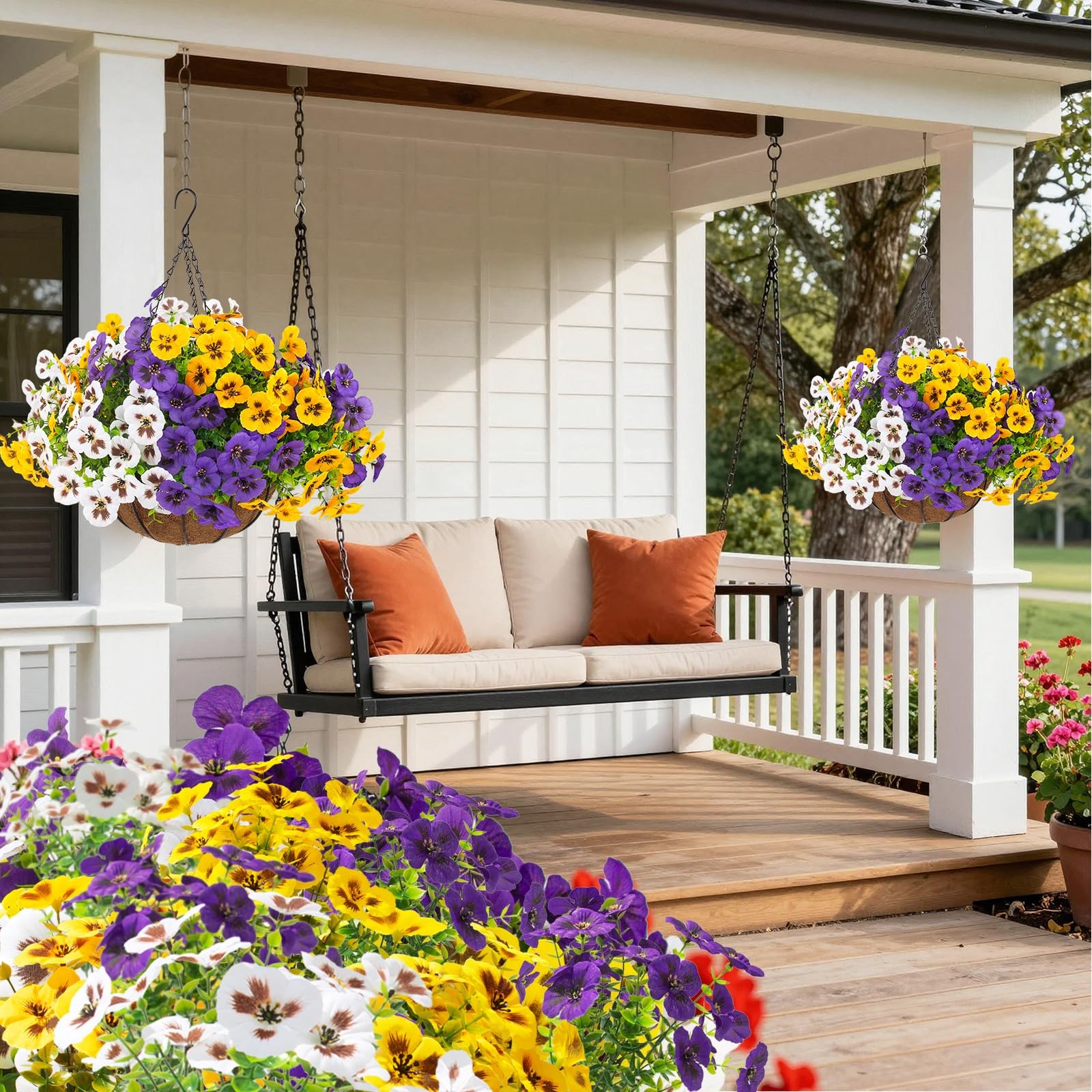 2 Sets Hanging Pansy Flowers Baskets 24 Pcs UV Resistant