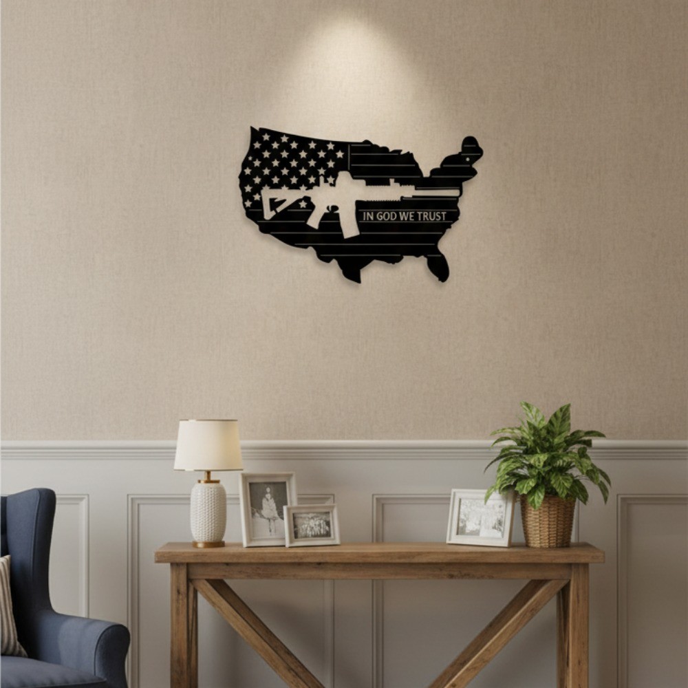 Retro American Flag Submachine Gun Metal Wall Art – Army Home Decor