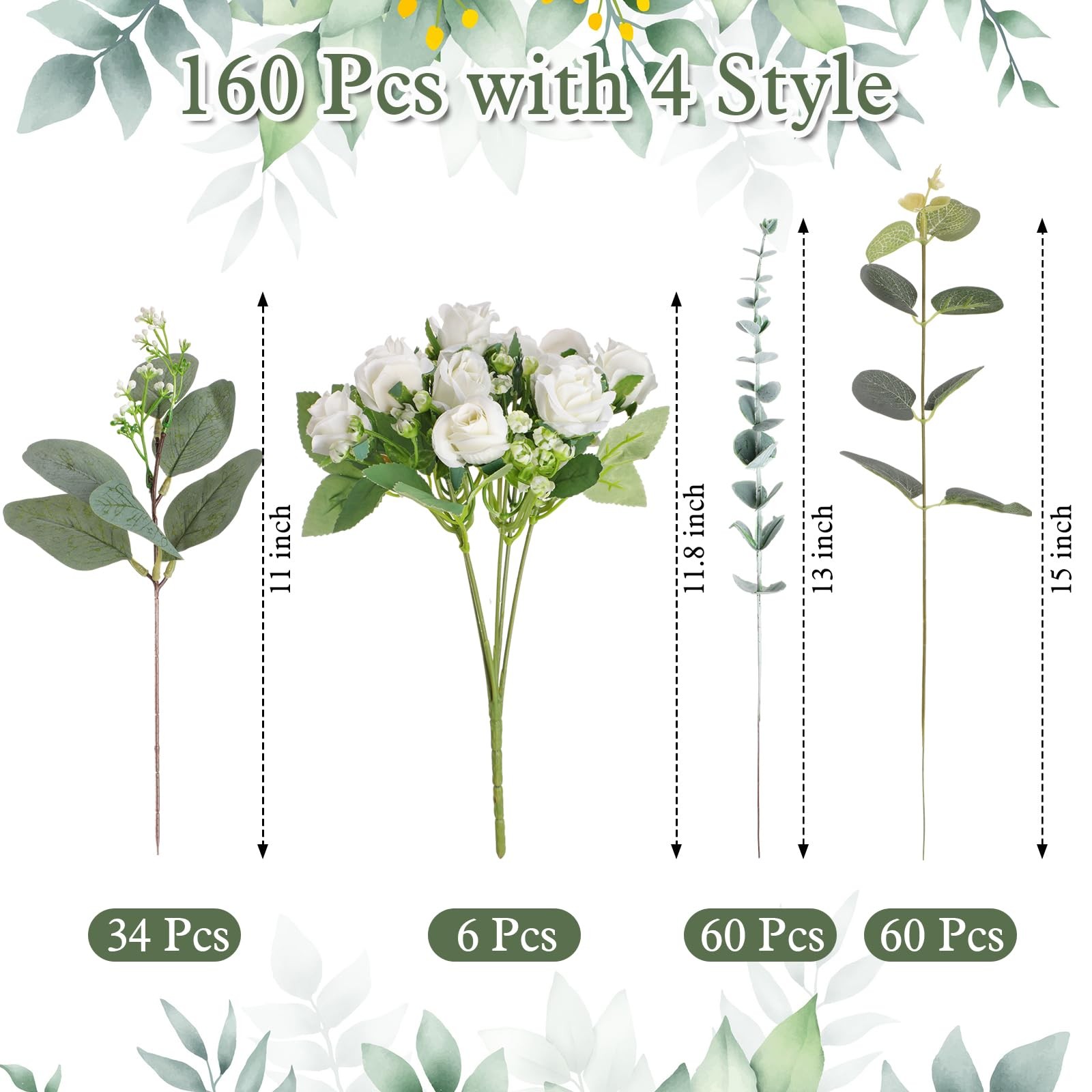 Set of 6 Bridesmaid Bouquets with White Roses and Eucalyptus Stems for Weddings