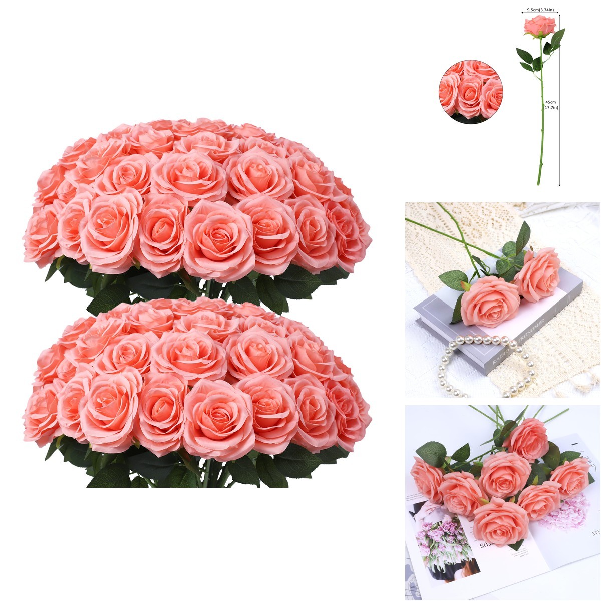 NEVISI 50Pcs Coral Peach Silk Roses with Stems Artificial Flowers