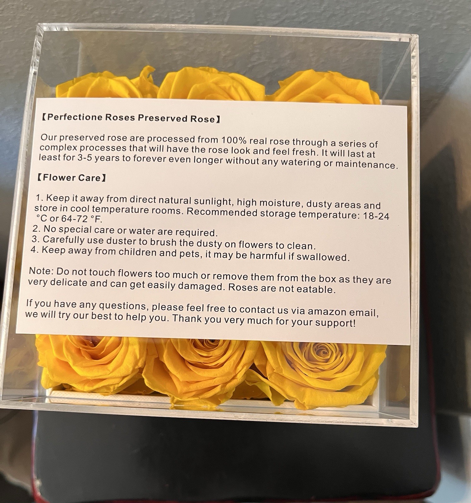Perfectione Roses Preserved Yellow Roses in a Box With Clear Lid, Long-Lasting