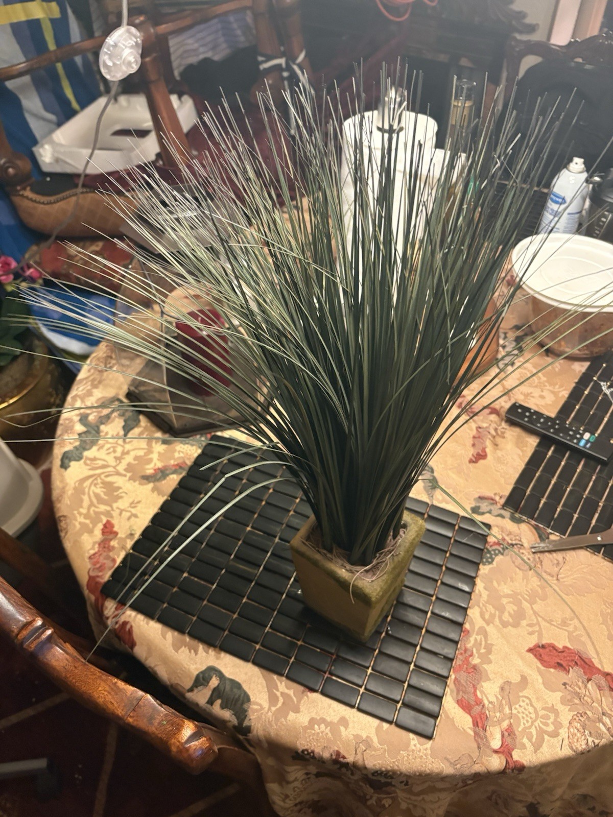 Faux Onion Grass Arrangement in Moss Ceramic Square Pot Rustic Home Decor 24″