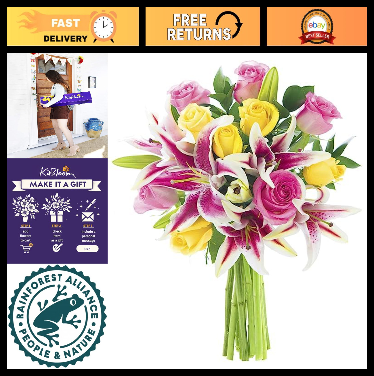 Fresh Flower Bouquet: 5 Pink Roses, 5 Yellow Roses & 5 Stargazer Lilies – Perfec