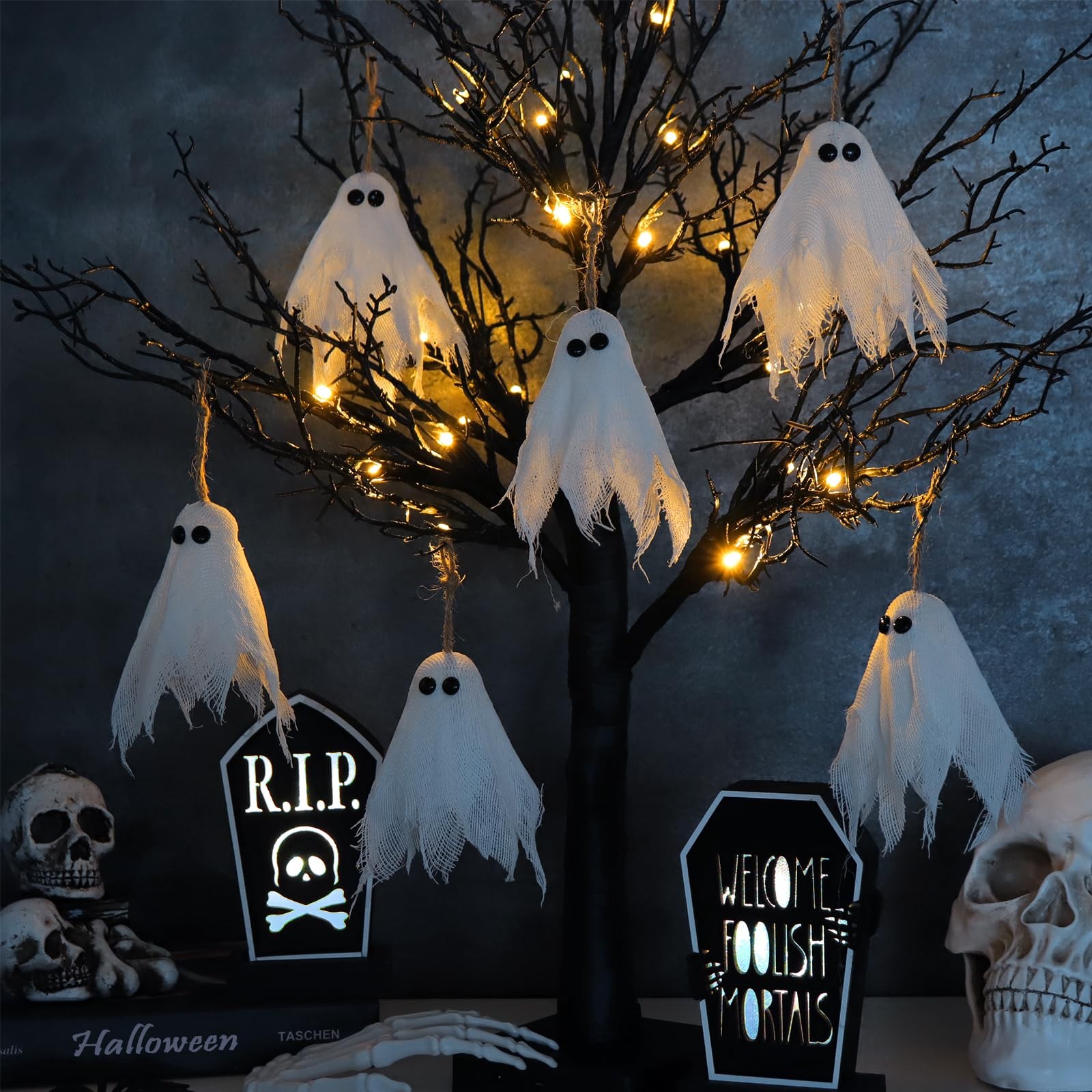 Halloween Decor Black Tree: 27″ Spooky Lighted Artificial Tree with 6pcs Cute…