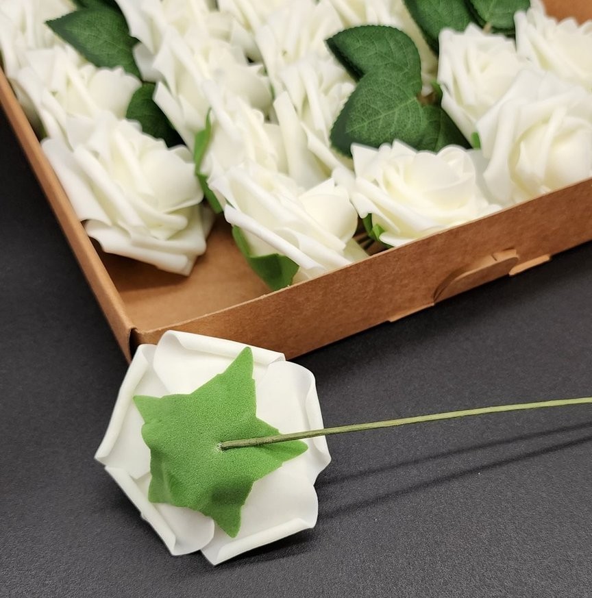 Floroom Artificial Foam Flowers 25 pcs. Ivory Roses w/Stems & Leaves – New