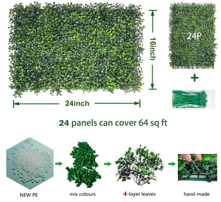 Artificial Boxwood Panels Faux Plant 24″x 16″ (24pc) 4-Layer Leaves Garden Fence