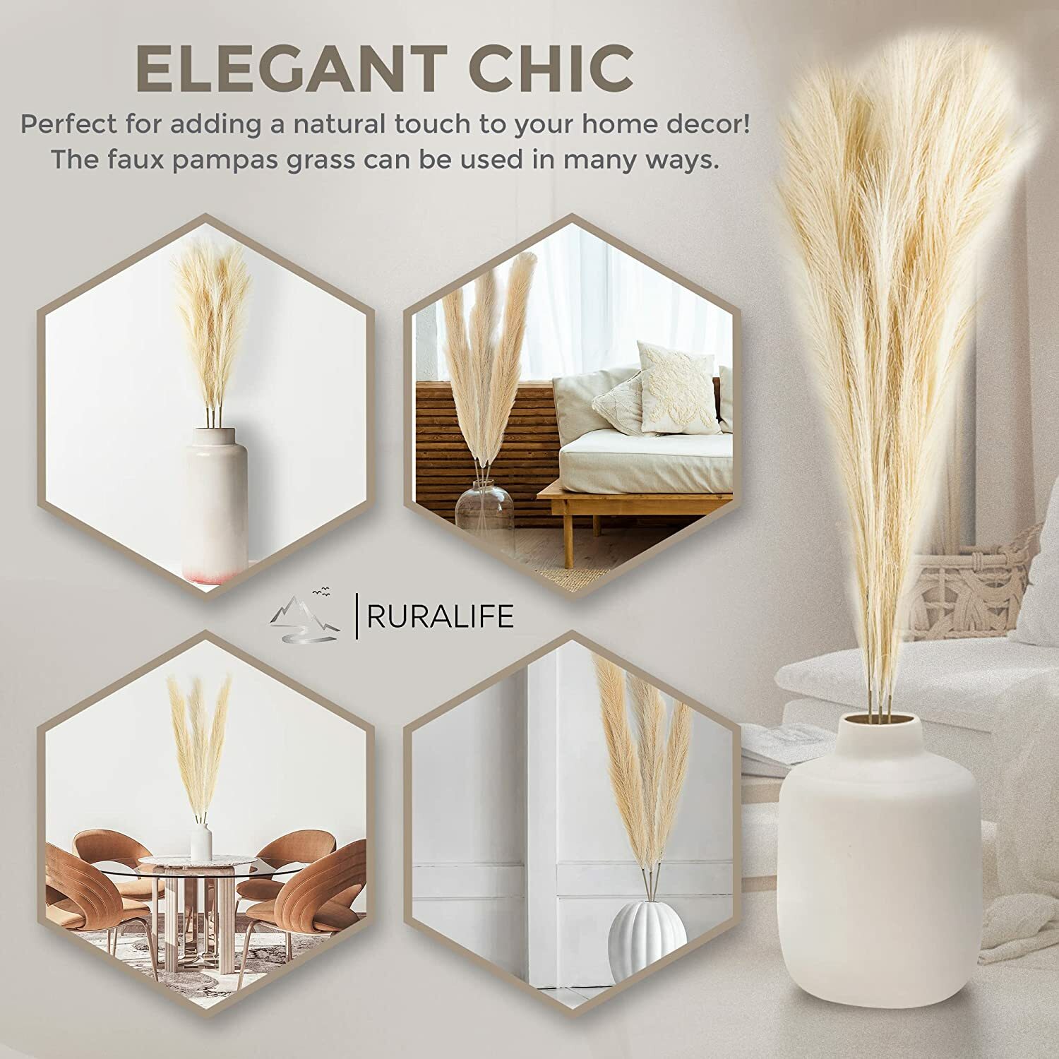 Faux Pampas Grass Decor Tall Fluffy & Tall 110cm/43in (Cream Color)