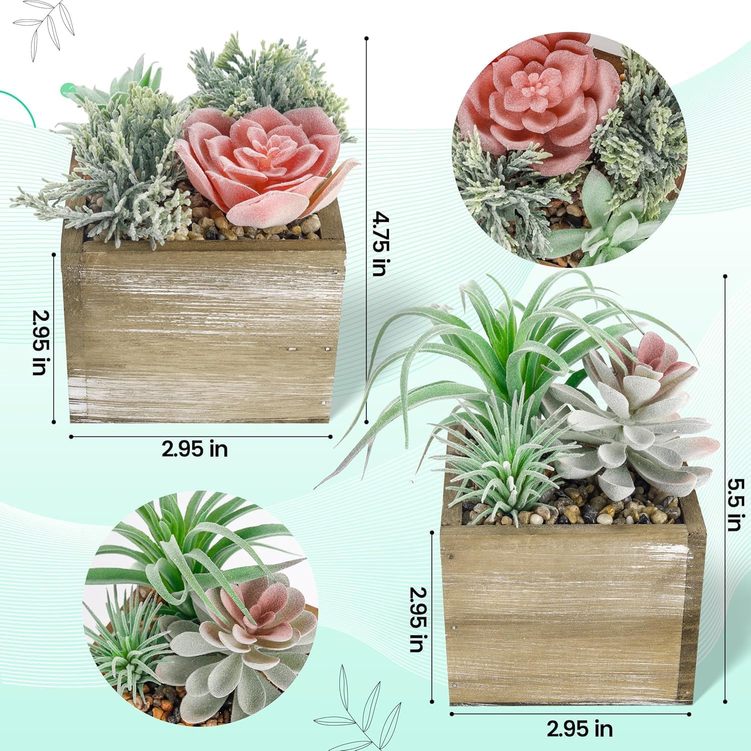 2 Pack Fake Plants Succulents Plants Artificial Cactus Plants in Wood Pots with