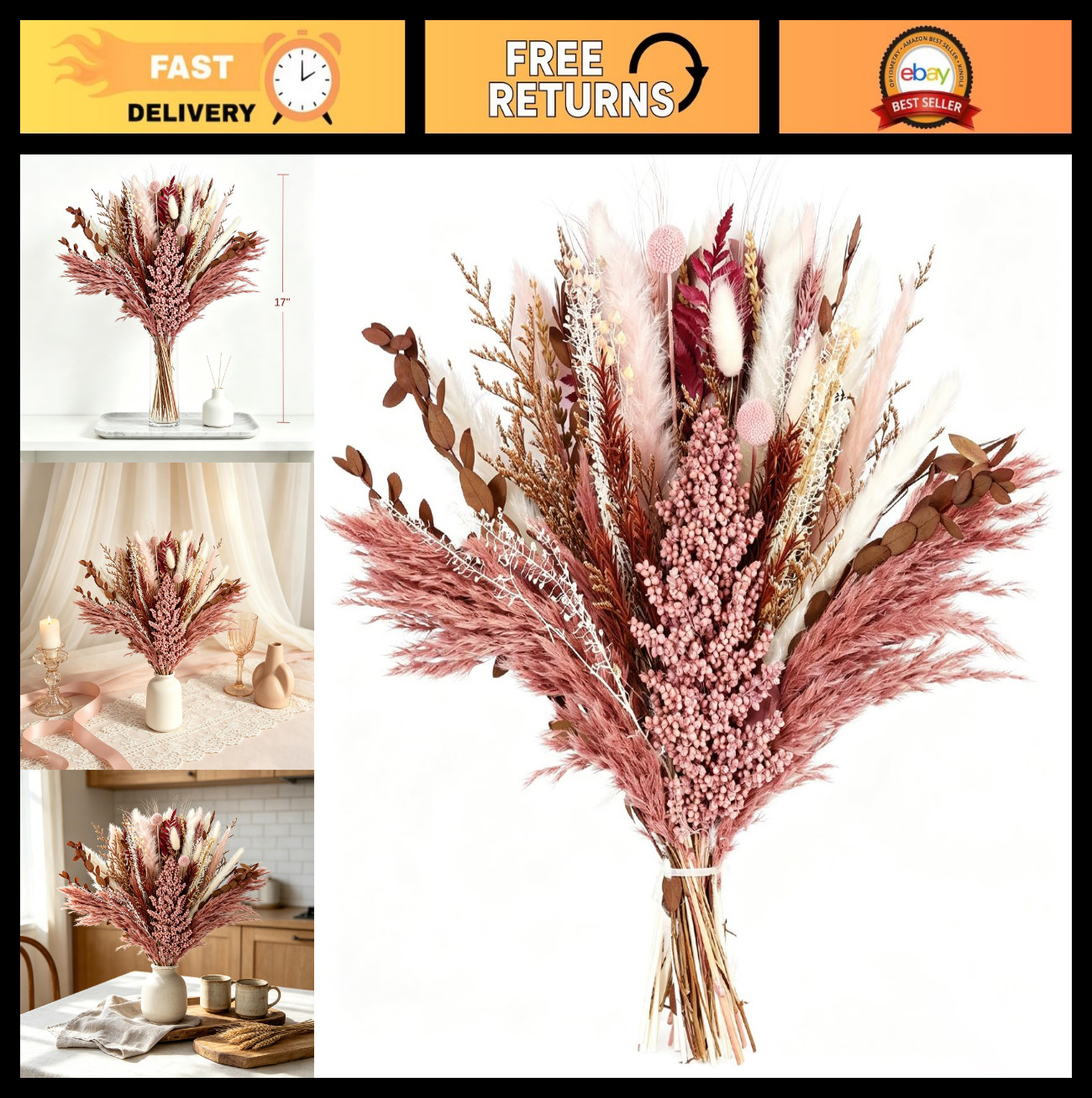 Dusty Rose & Terracotta Dried Pampas Grass Bouquet – Boho Floral Arrangement, Pi