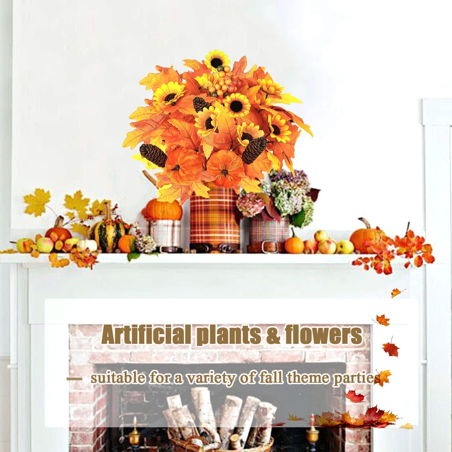 2PCS Fall Artificial Flowers Decoration Maple Leaf Stem Pumpkin Branch Sunflower
