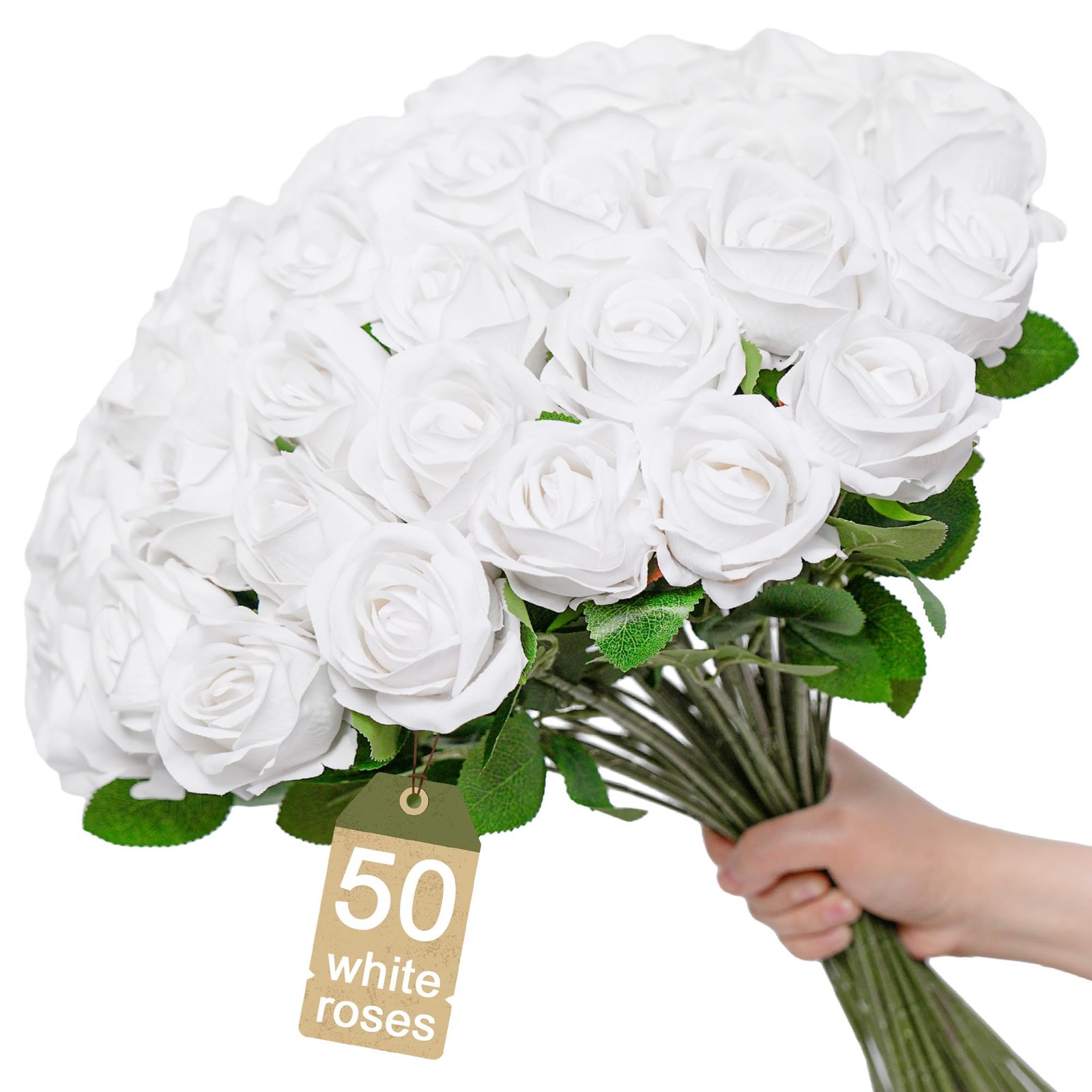 50 PCS Realistic Artificial White Roses Bulk Silk Wedding Centerpieces Decor