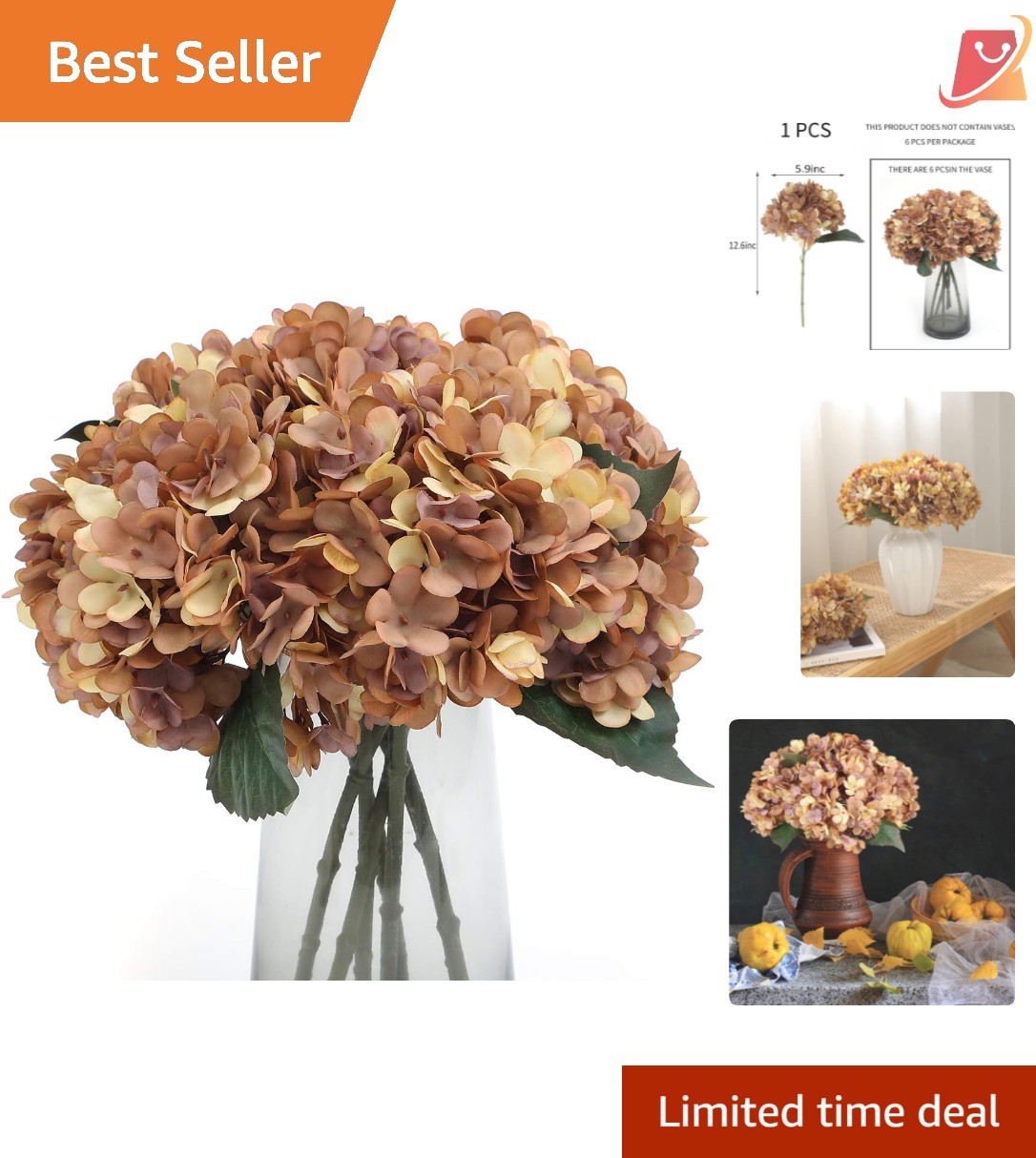 Silk Faux Hydrangea Flowers 6 Pack Autumn Yellow Indoor Outdoor Decor