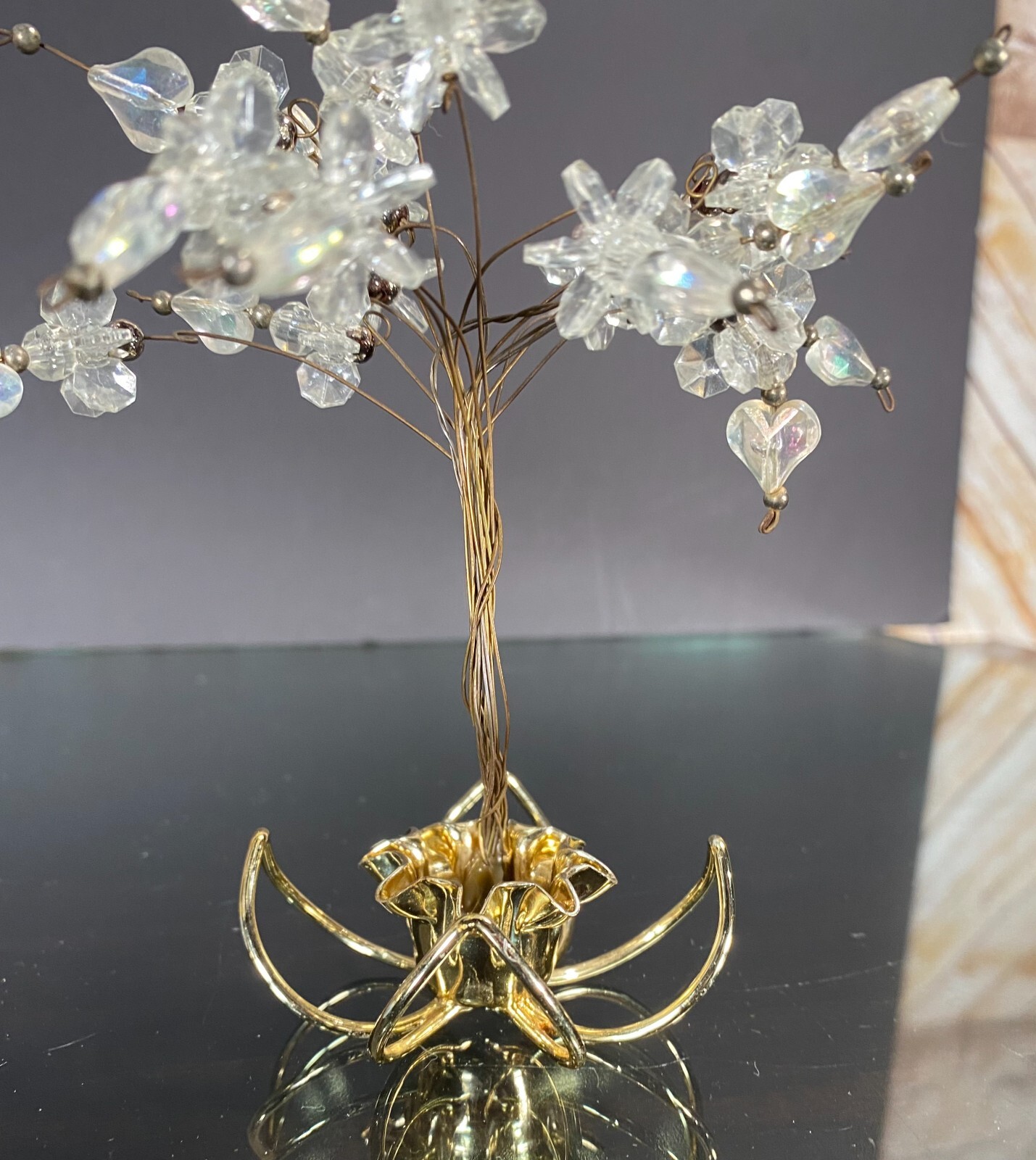 Vintage Twisted Wire Acrylic Beads Hearts Bonsai Money Luck Trees in Brass Pots