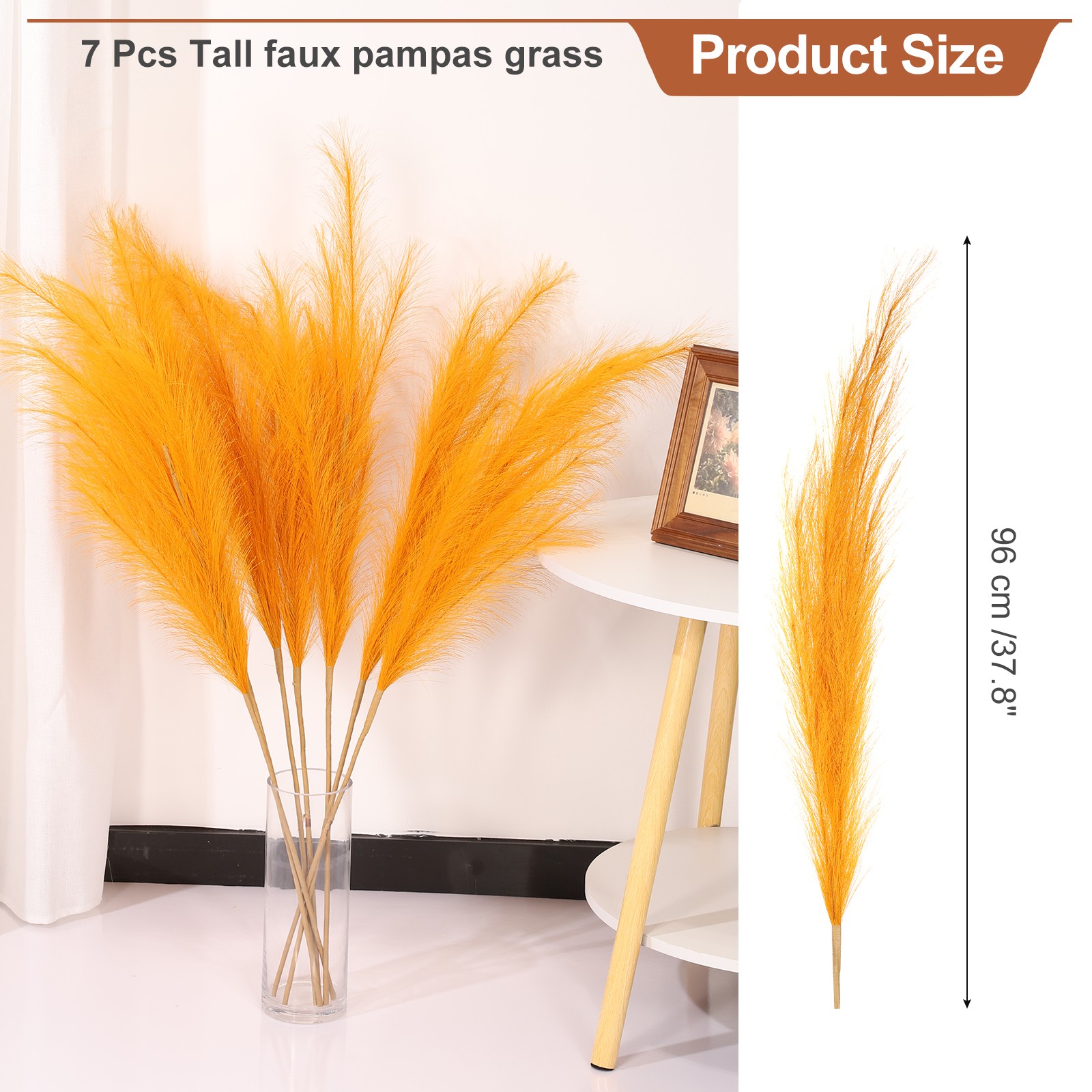 37.8in Pampas Grass Decor, 7 Pcs Artificial Pampas Grass Bulk, Orange