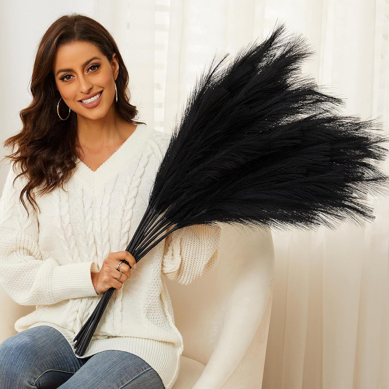 Black Pampas Grass, 9 PCS 37”/3.1FT Tall Fluffy Fake Pompas Floral, Large Artif