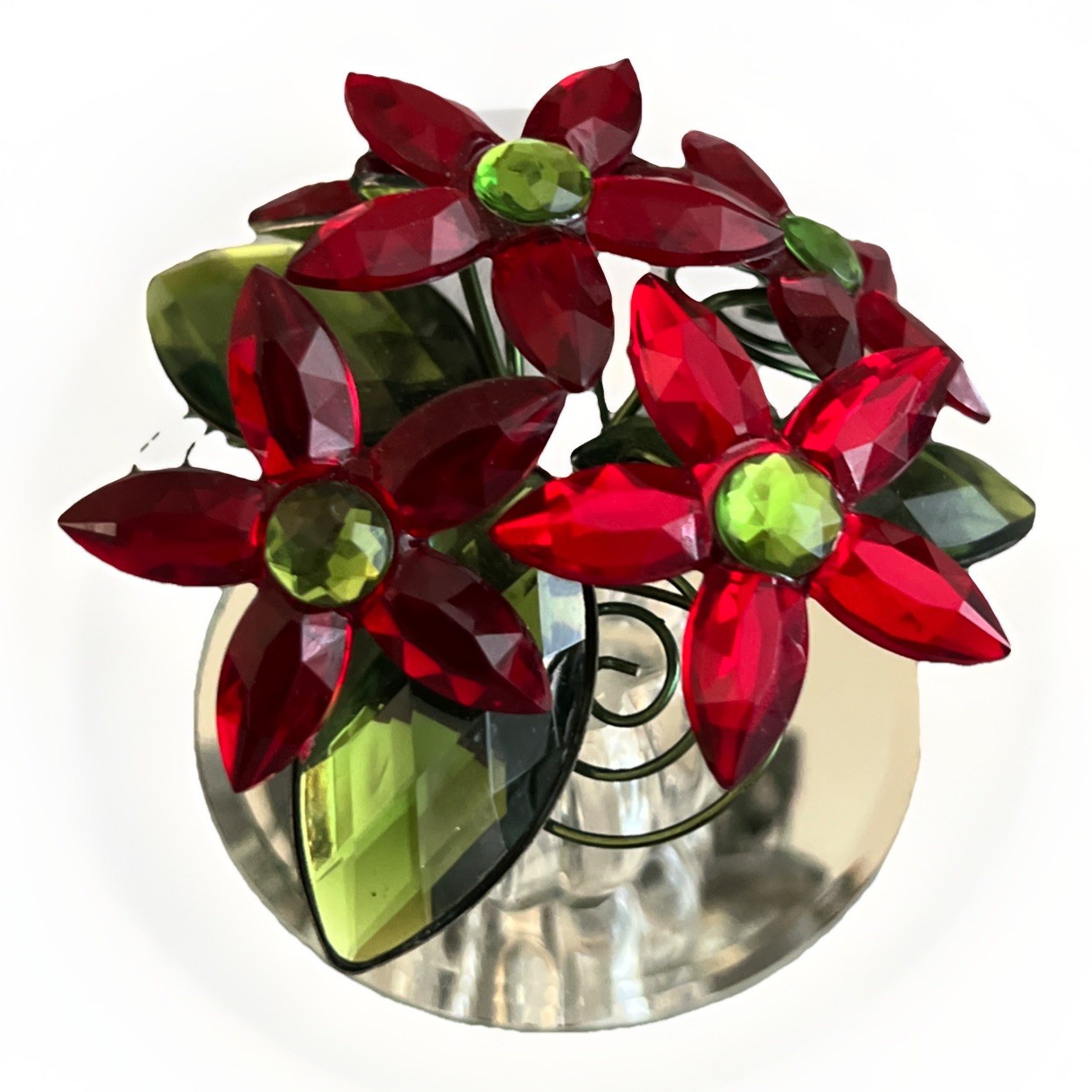 Poinsettia Flowers In Vase With Mirror Small Decor Plastic 3in Tall Shelf Sitter