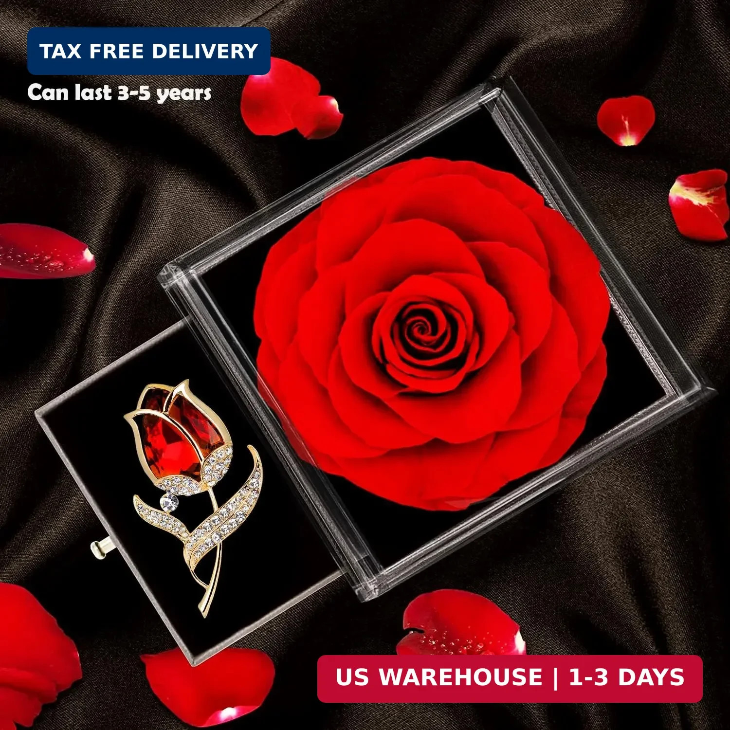 SWEETIME Preserved Red Rose Gift Box- Enchanted Real Roses with Ruby Brooch, Ete