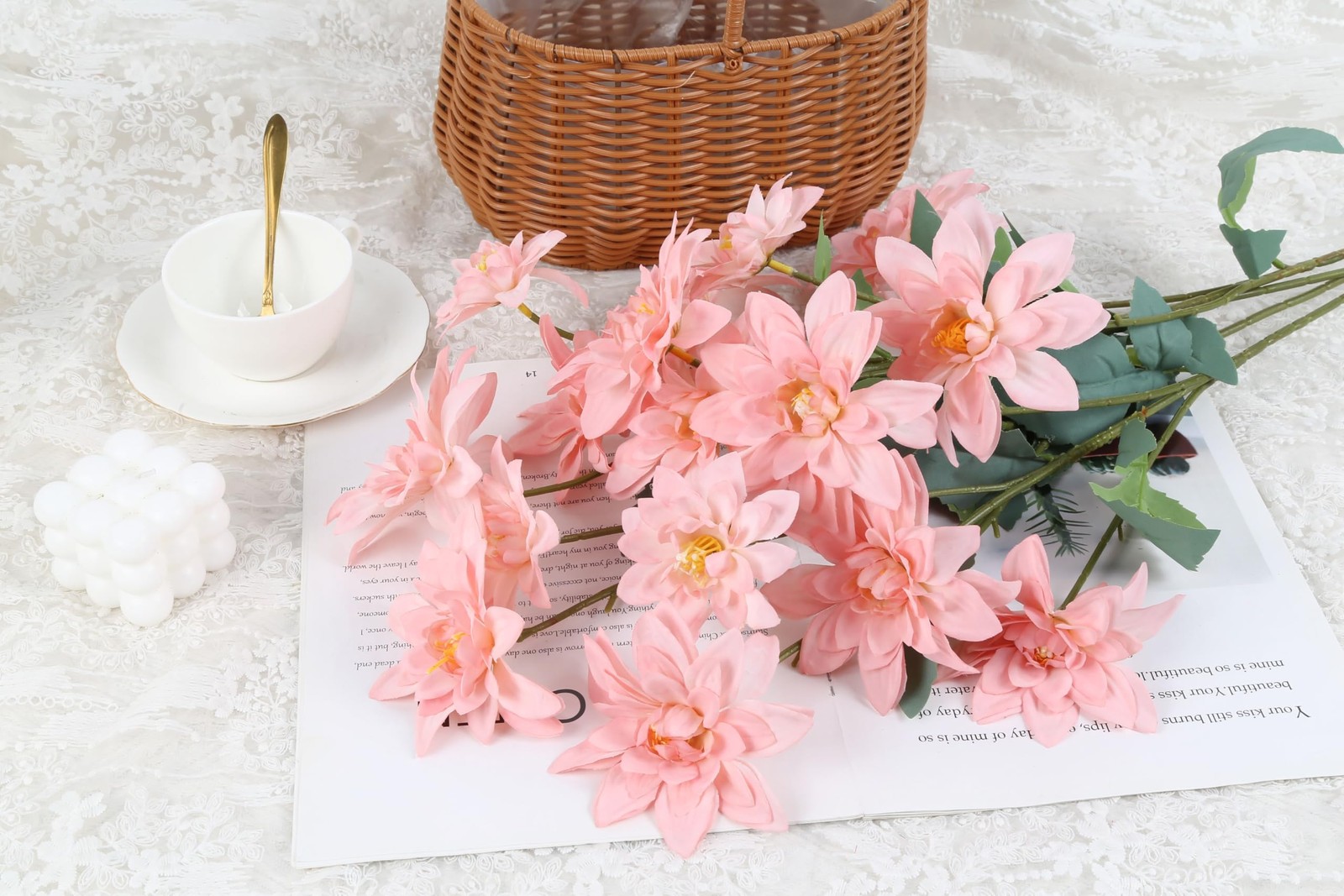 Blush Pink Dahlia Artificial Flowers 5 Pack Realistic Dahlia 27.5 Inches Flor…