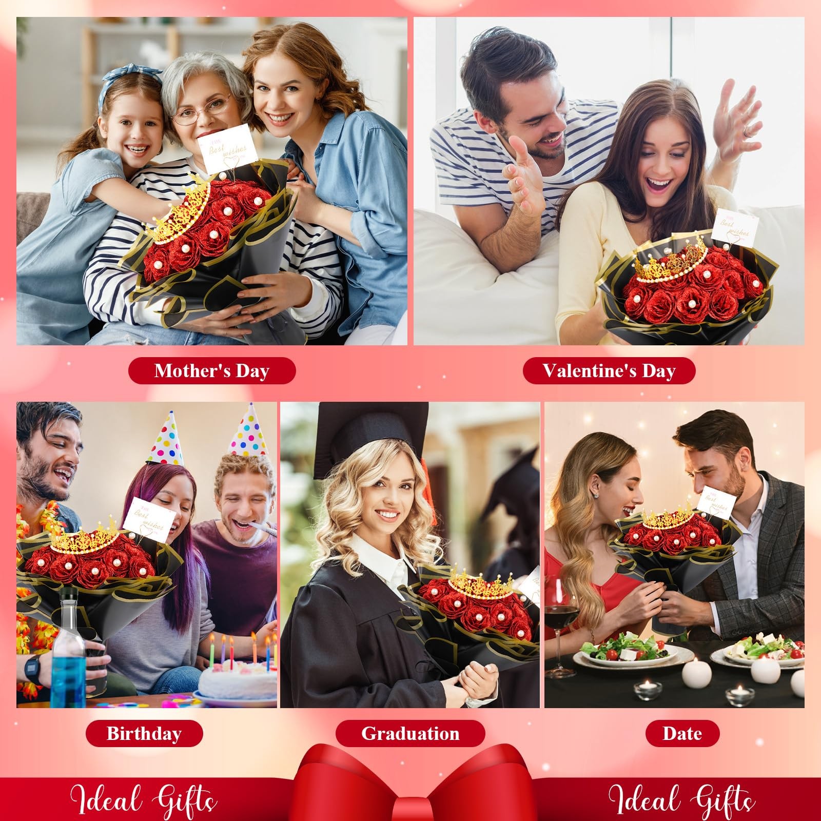 Glitter Roses Bouquet Red Roses Artificial Flowers with Flower Wrapping Paper…