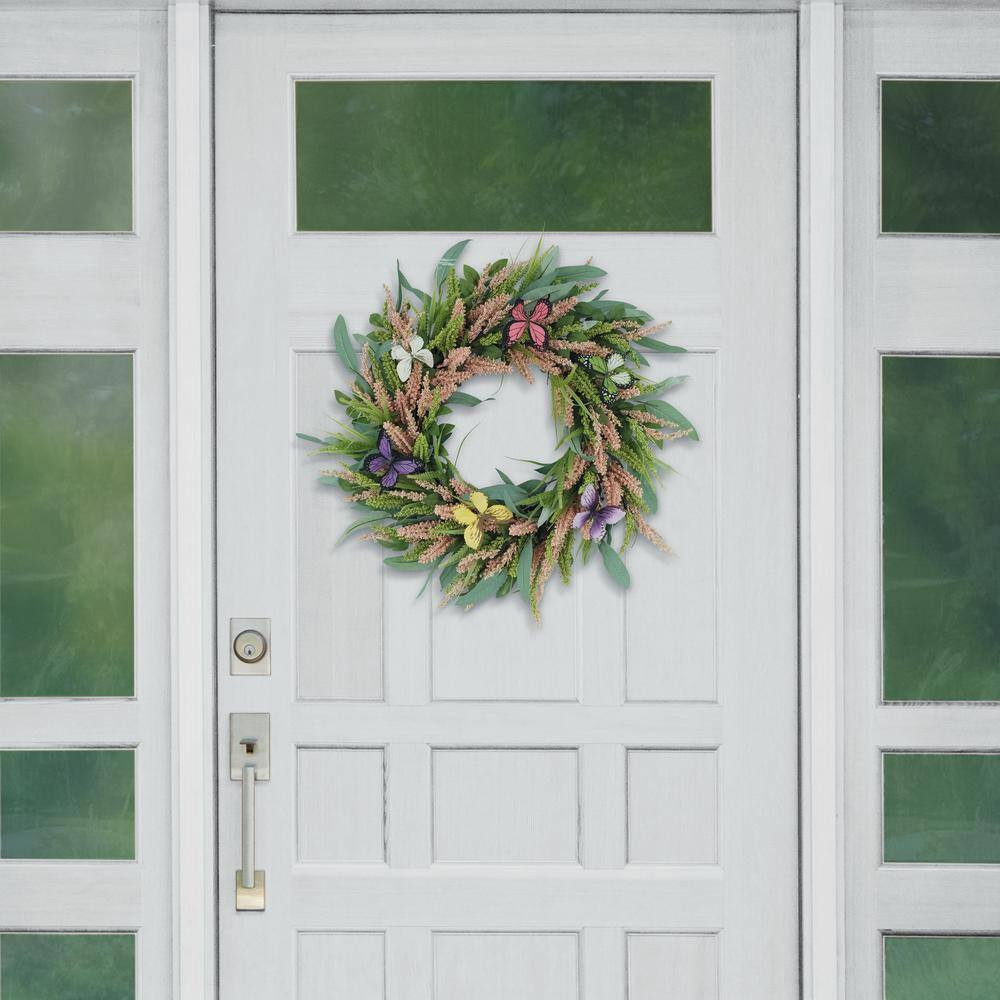 24 In. Artificial Salix Leaf with Butterfly Floral Spring Wreath