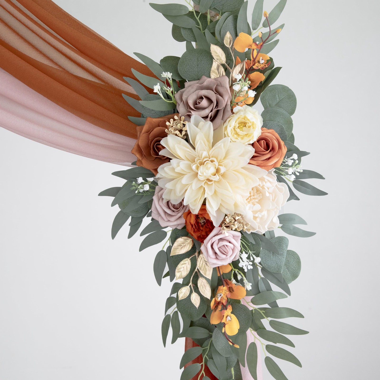 Artificial Burnt Orange Wedding Arch Flowers Kit with 2PCS Shiny Arch Chiffon…