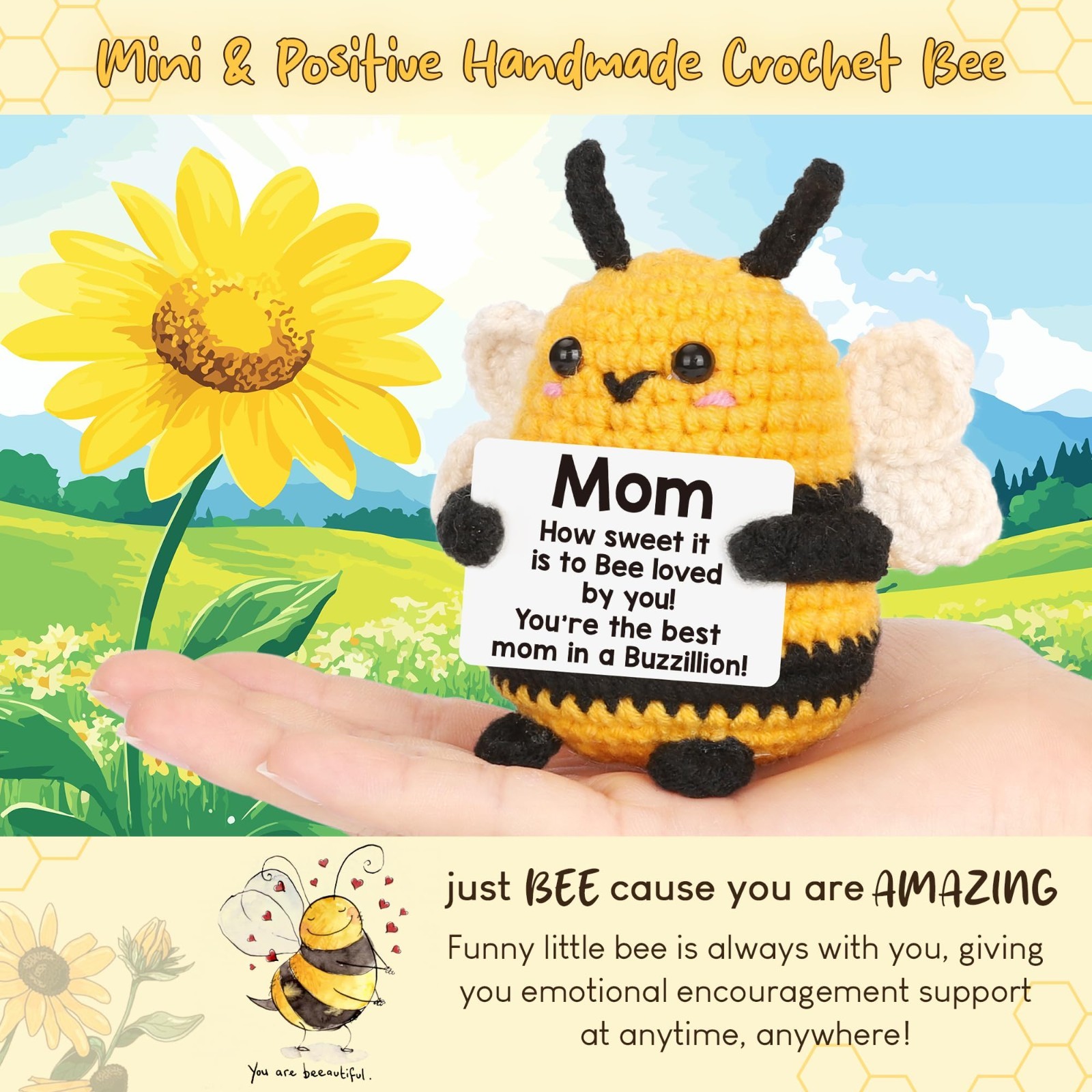 Unique Gifts for Mom – Crochet Bee Positive, Birthday Gift for Women, Handmade P