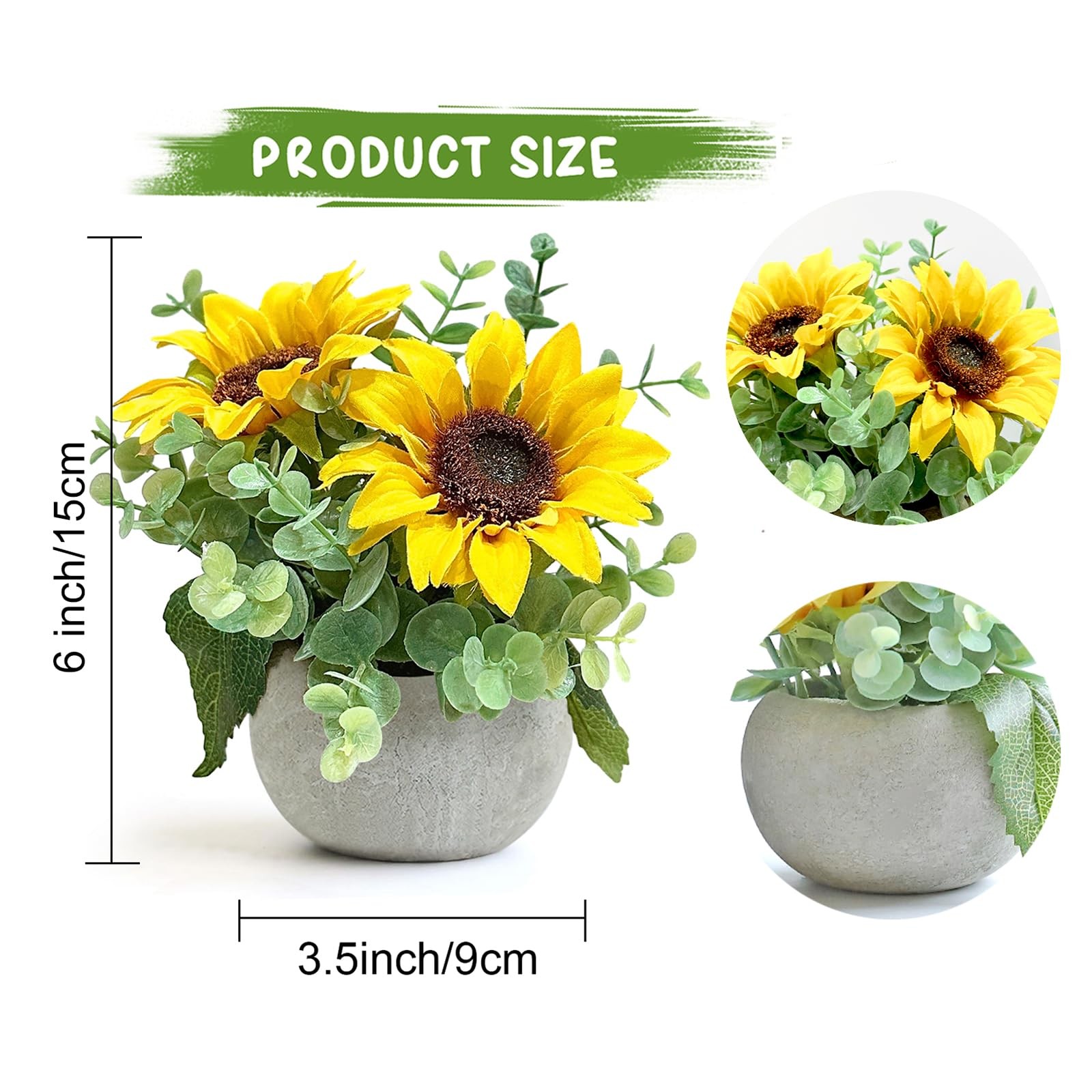 2 Pack Artificial Flowers with Pot, Silk Sunflowers with Eucalyptus Fake Pott…