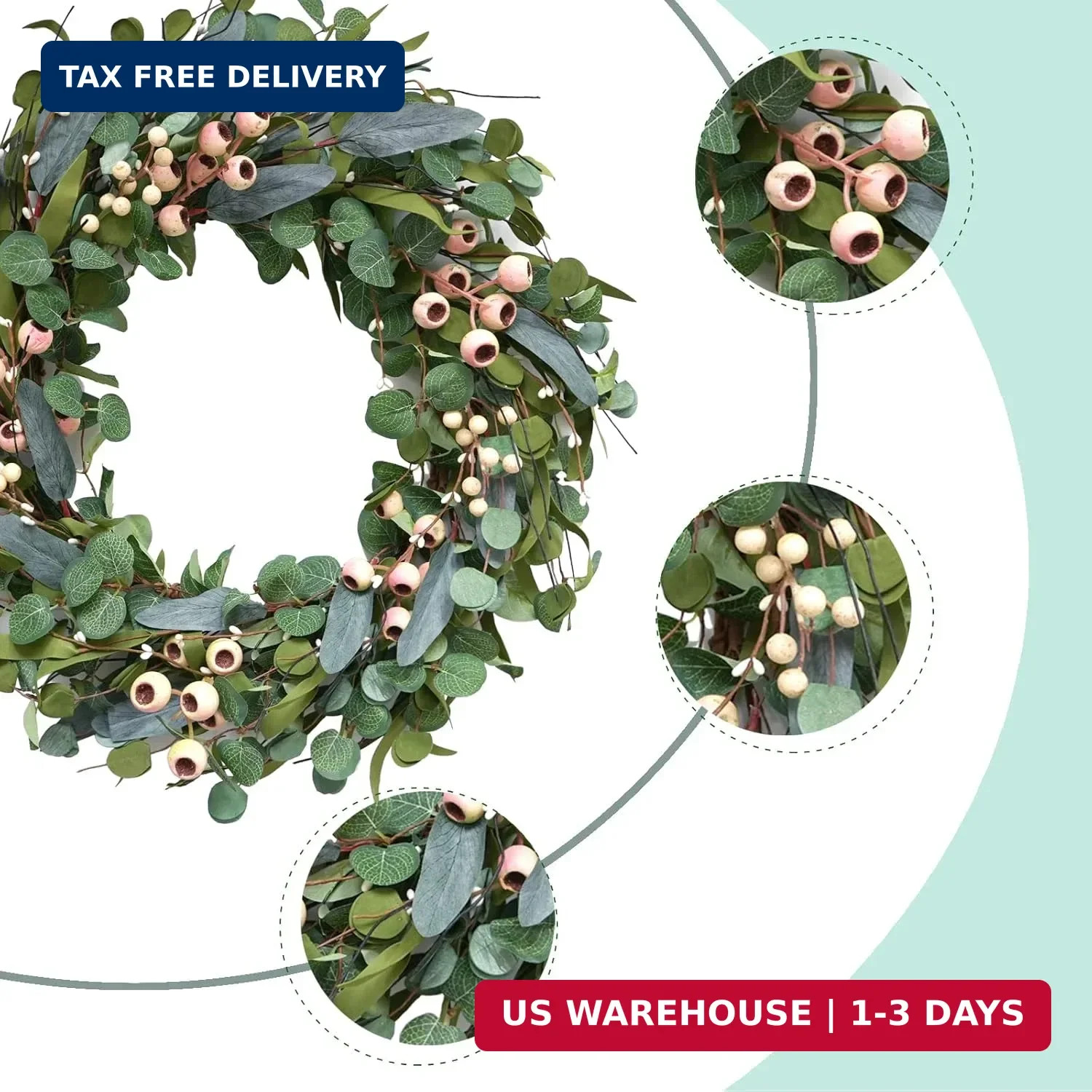 Large Green Eucalyptus Wreath (20 inches), Artificial with White Berries