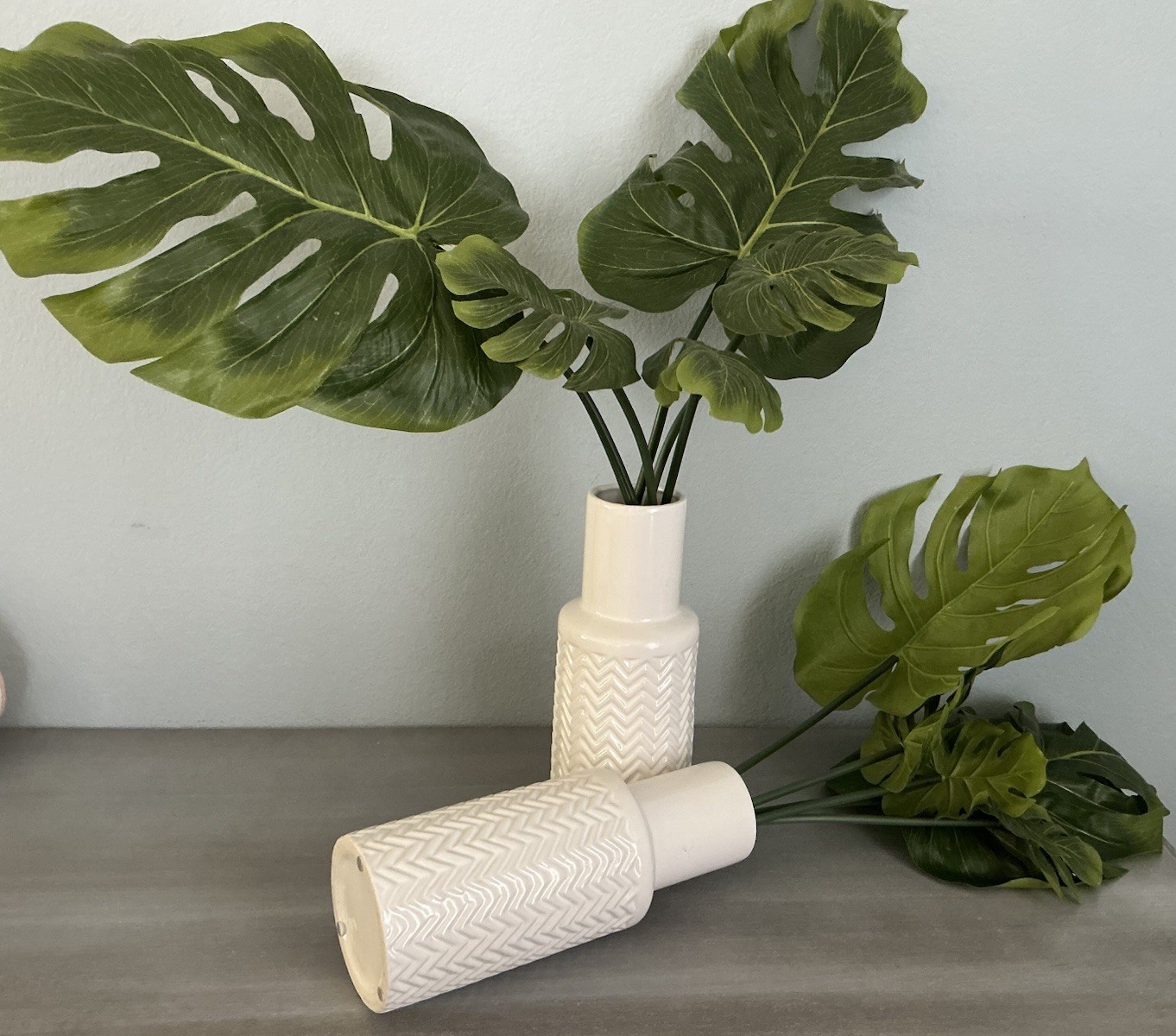 Pair of Artificial Indoor Green Monster Leaf Plant In White Ceramic Pot/Vase 26’