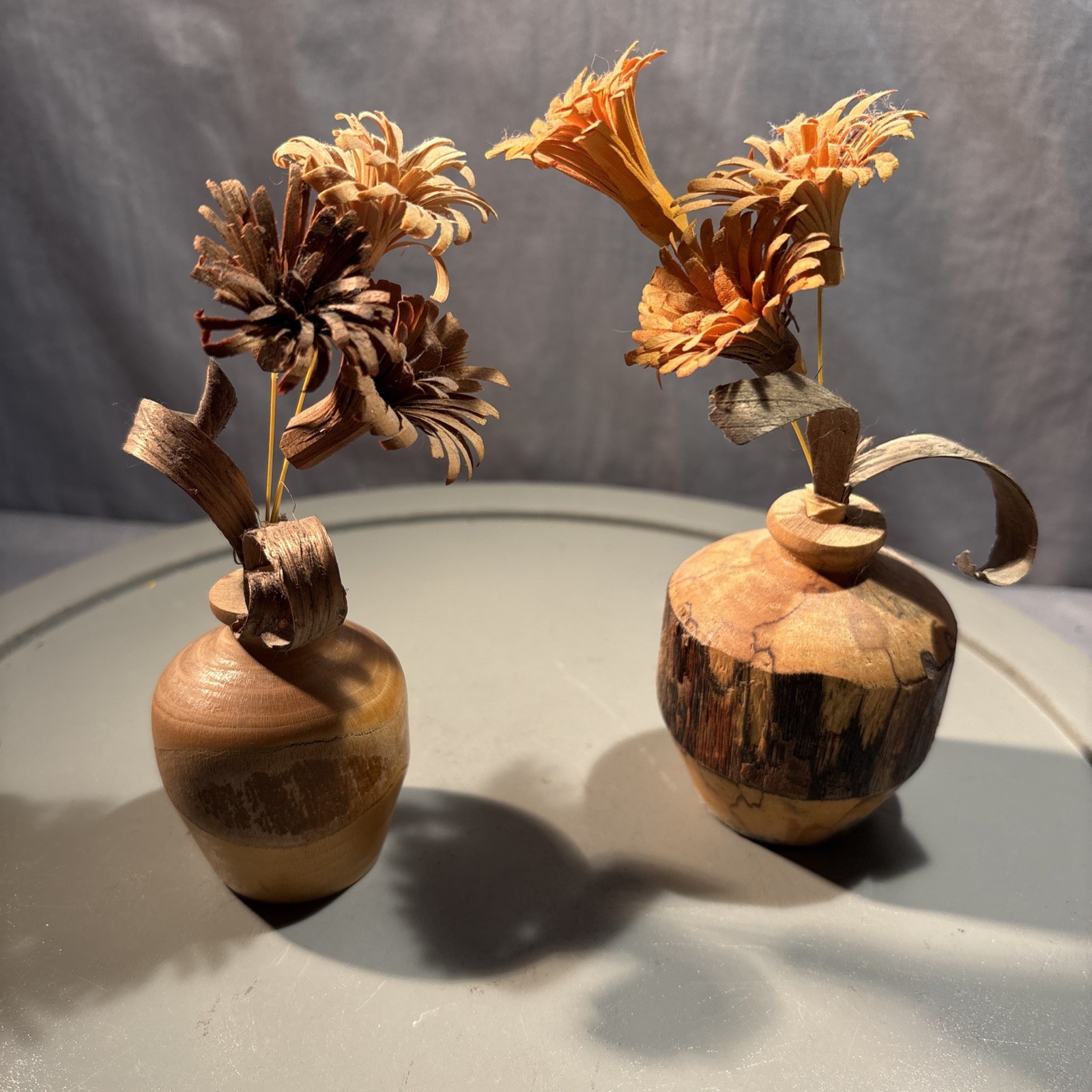 Set Of 2 ~ Wood Shaving Artificial Flowers in wood vase 6″ H Brown Orange Beige