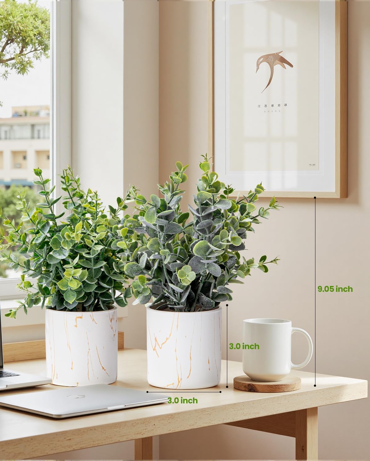 2 Artificial Eucalyptus Plants in White Ceramic Pots Faux Greenery Desk Decor