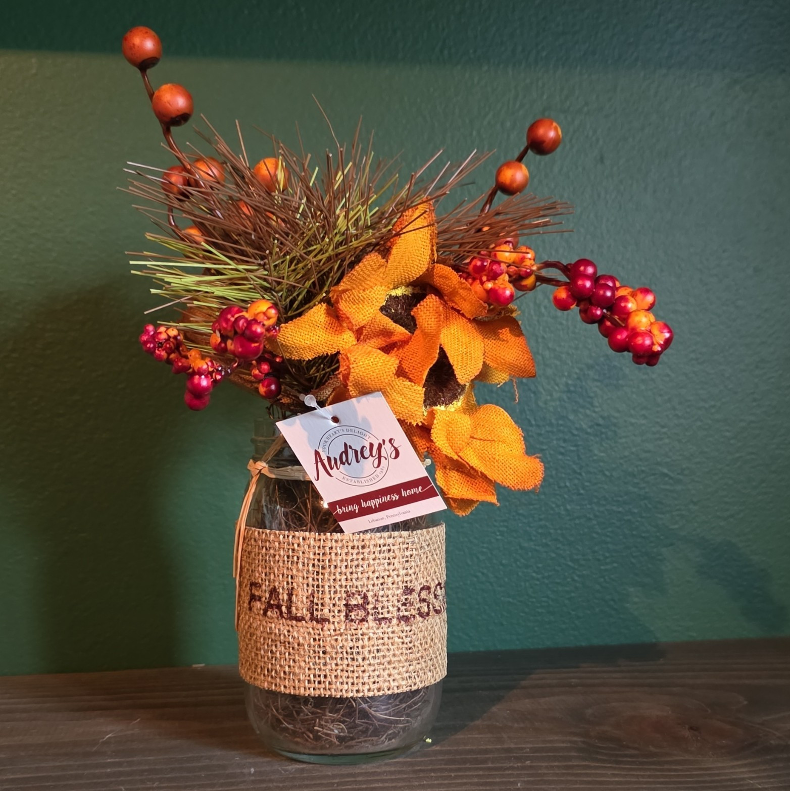 Audrey’s Artificial Fall Sunflower & Berry Floral Glass Vase Arrangement 6F5540
