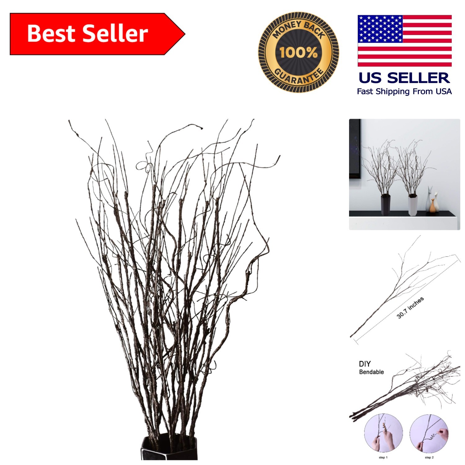 10PCS Vintage Curly Willow Branches – 30.7 Inch Artificial Twigs for DIY Decor
