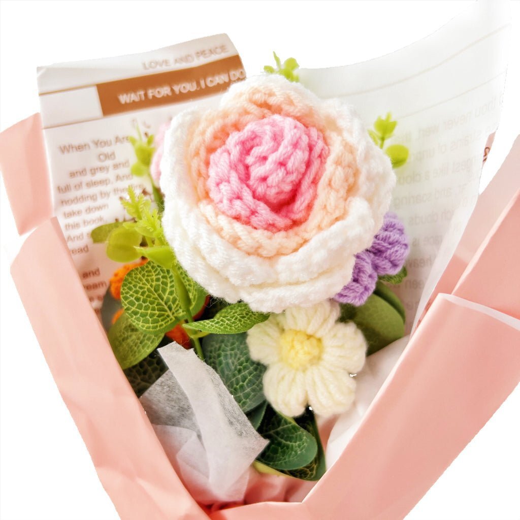 Rose Crochet Flowers Bouquet Knitted Flower Wrap with Light and Bag for Gift Hom