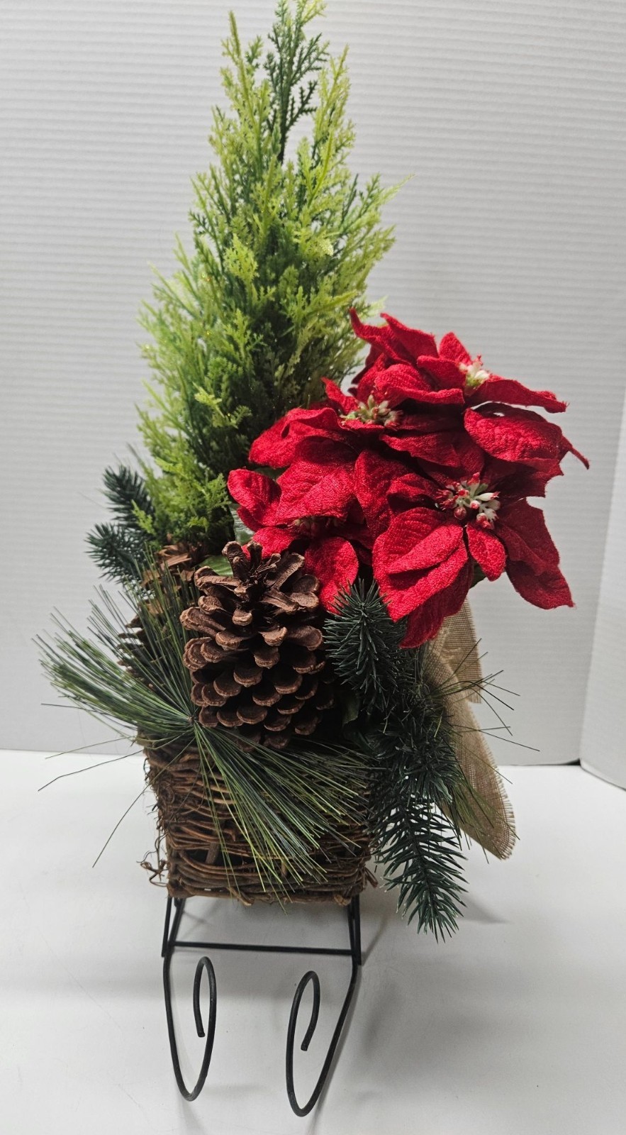 Christmas Sleigh Centerpiece Faux Cedar Pine Poinsettia Burlap Wicker 21in Metal