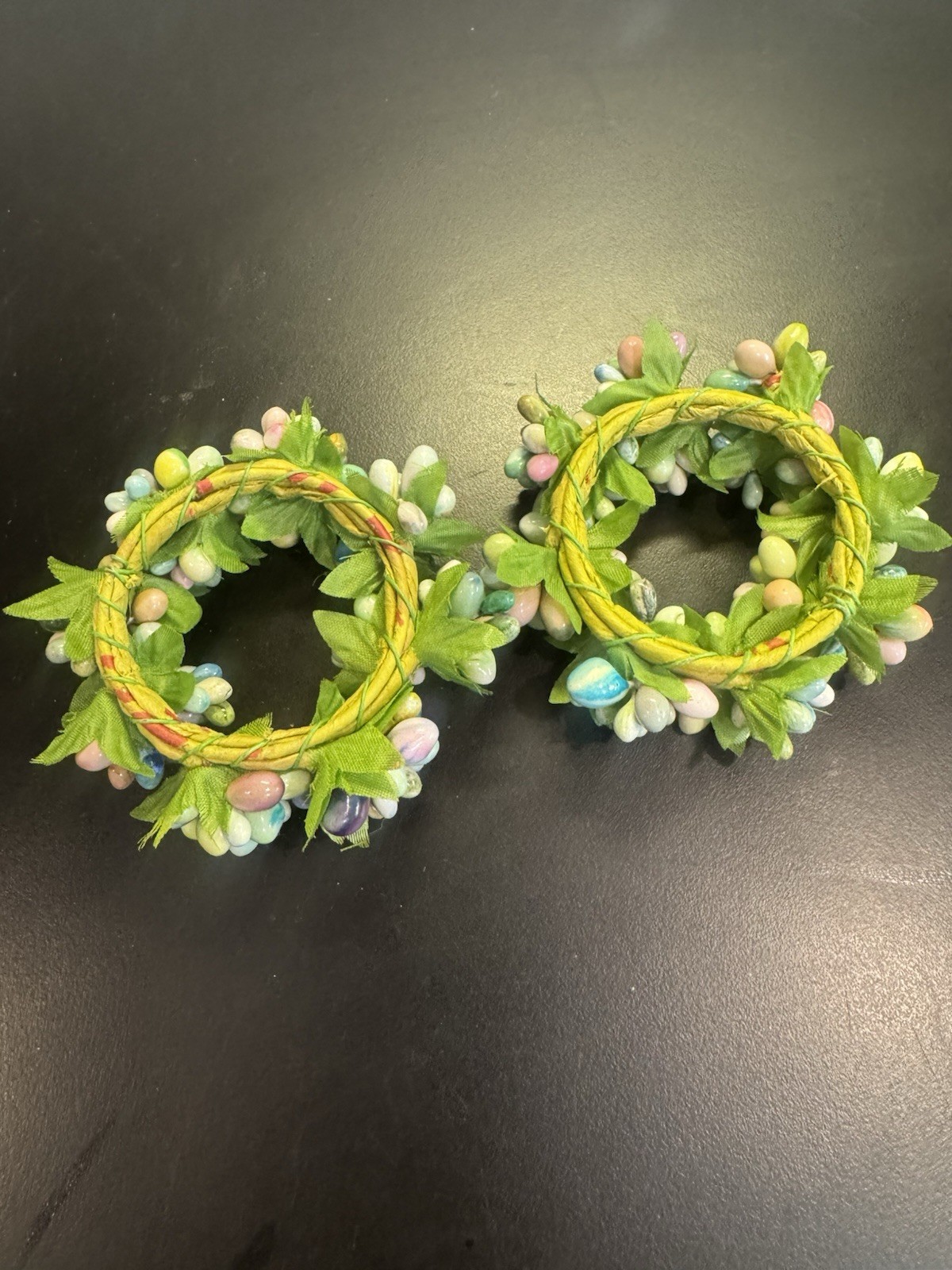 2 Country Primitive Cream & Pink & Blue & Green Floral Mini Wreath Rings