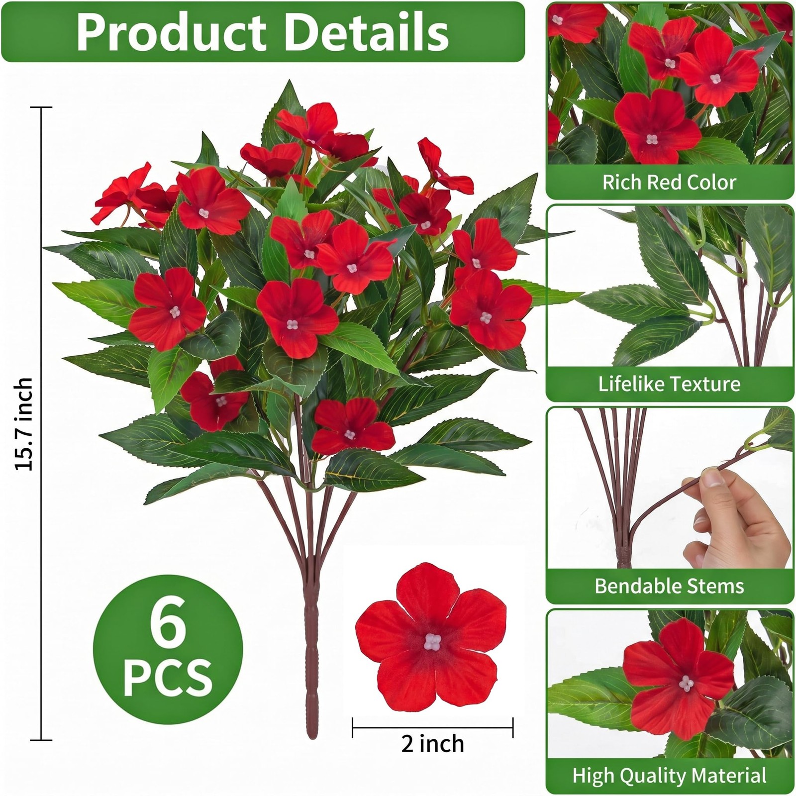 6 Bundles Artificial Flowers for Outdoors, Faux Silk Catharanthus Roseus Flow…