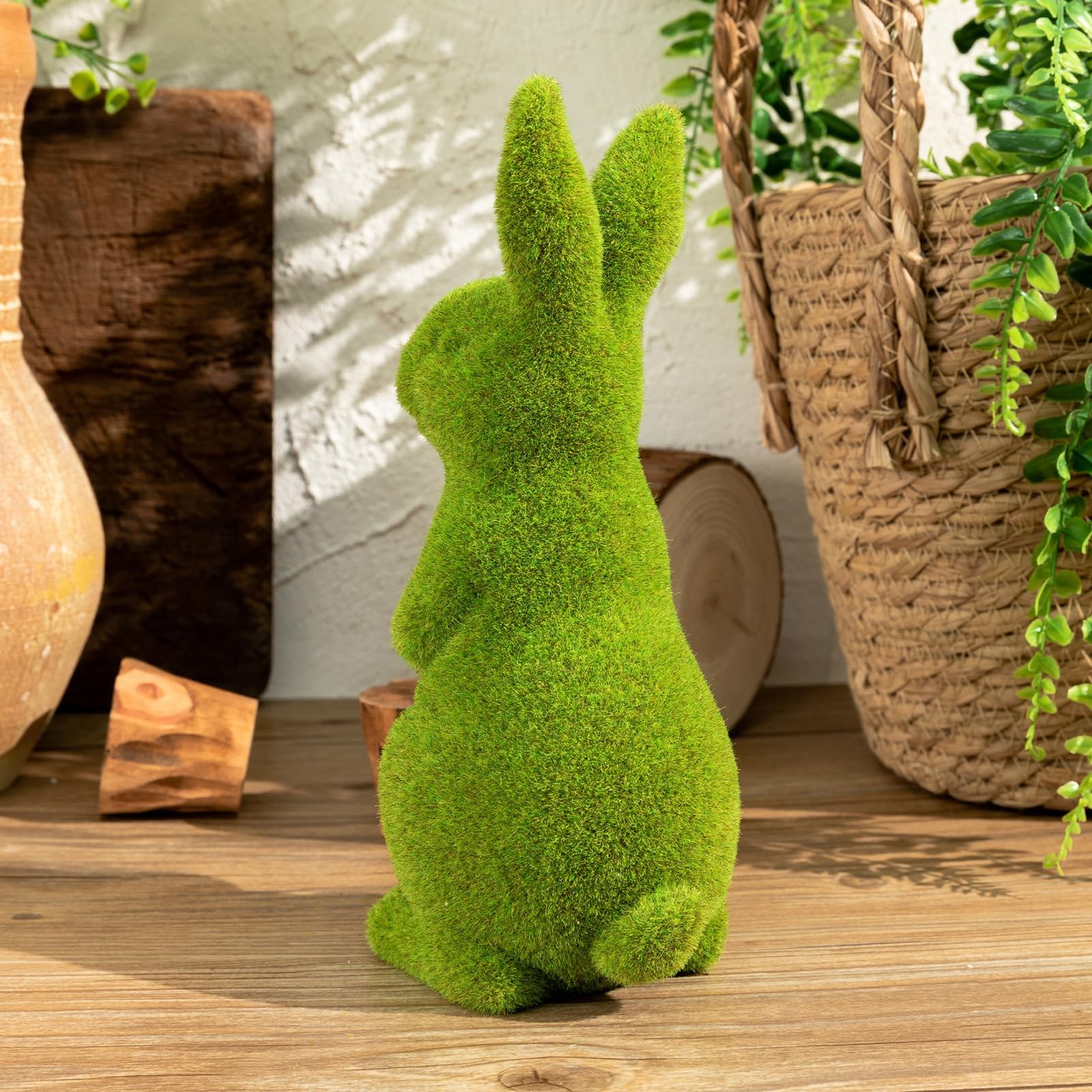 Easter Bunny Decorative Ornament Artificial Green Moss Rabbit 9.5 In Stand