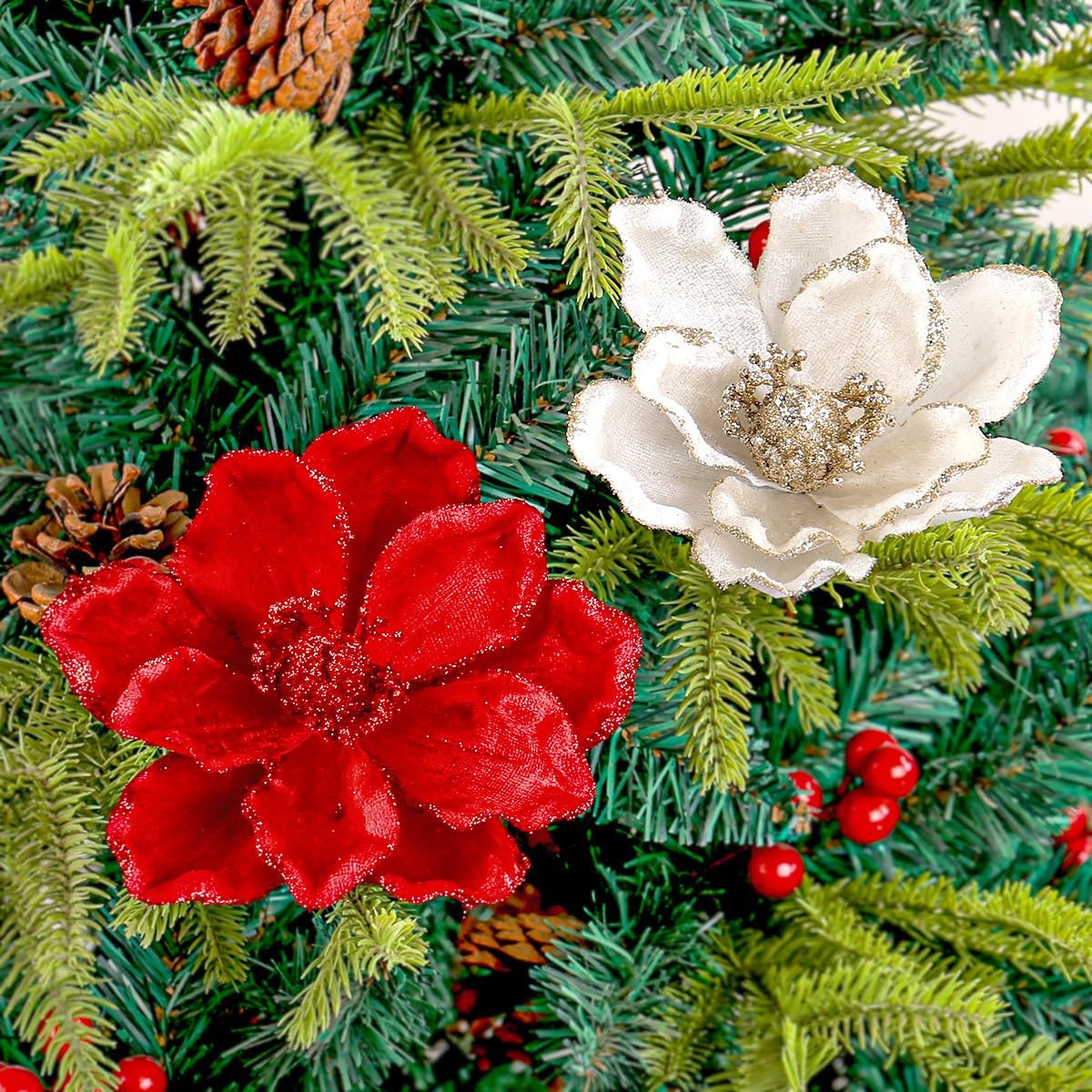 10 PCS Glitter Artificial Flower Christmas Tree Wreath DIY White A