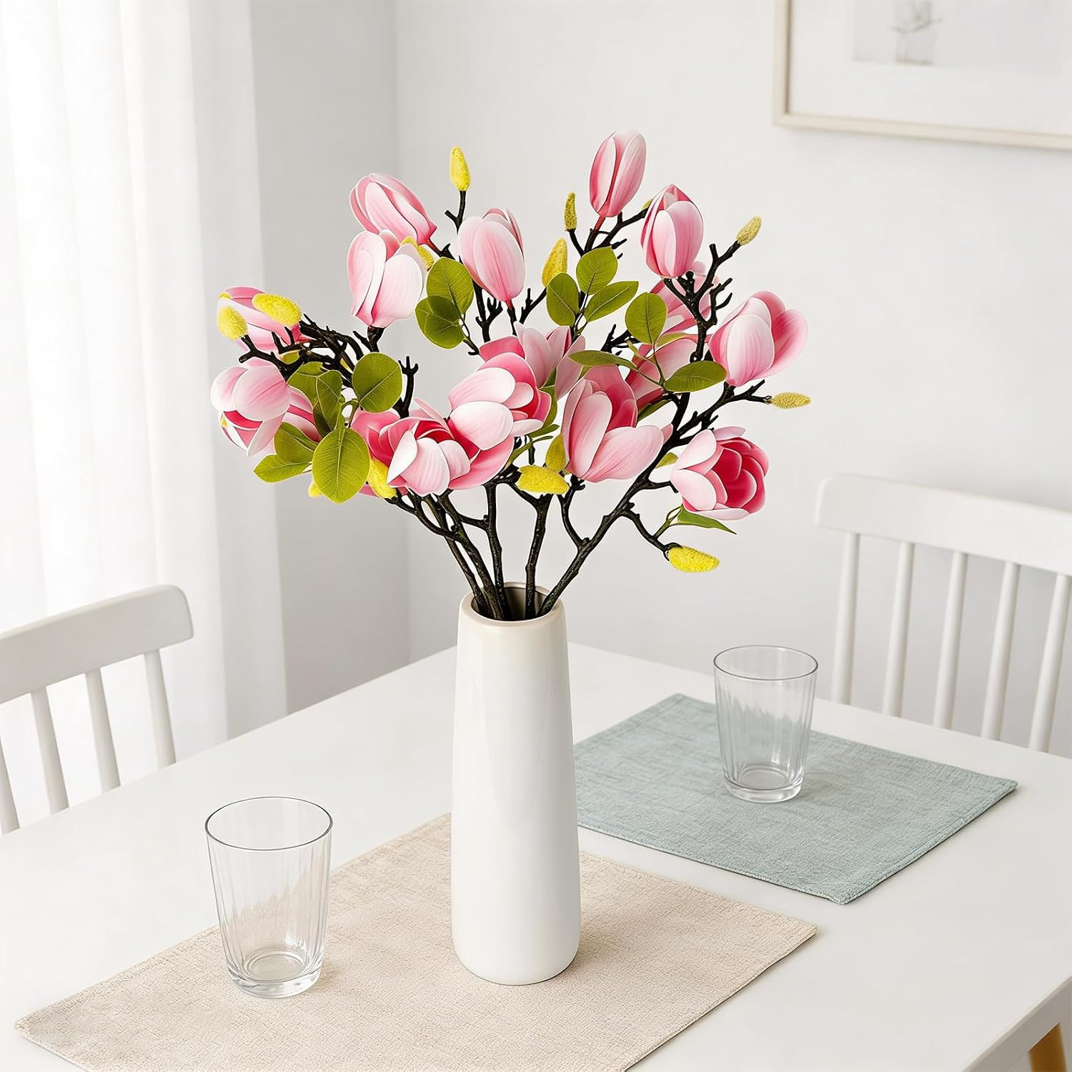 6 PCS 27″ Faux Magnolia Flowers – Realistic Light Pink Floral Decor for Home & E