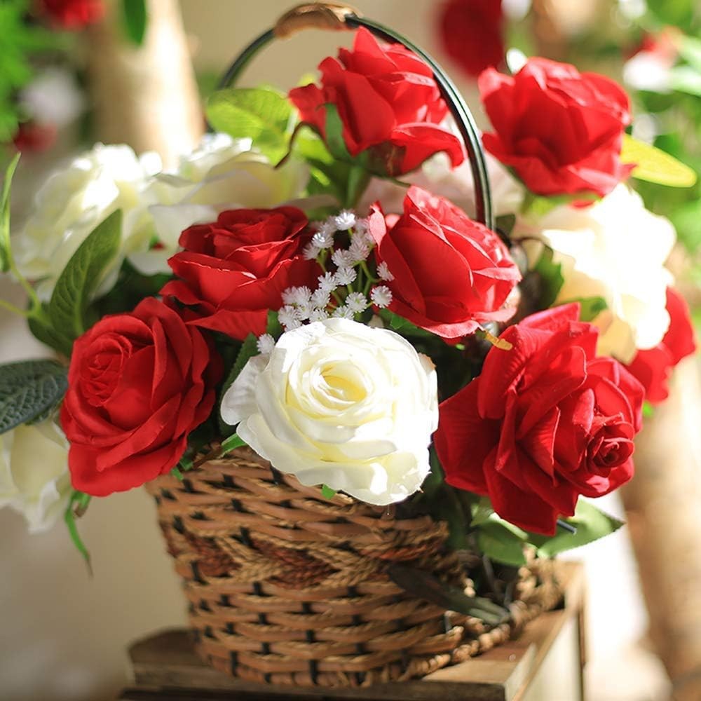Laelfe 12 pcs Artificial Red Roses Flowers Long Stem Fake Silk Rose for