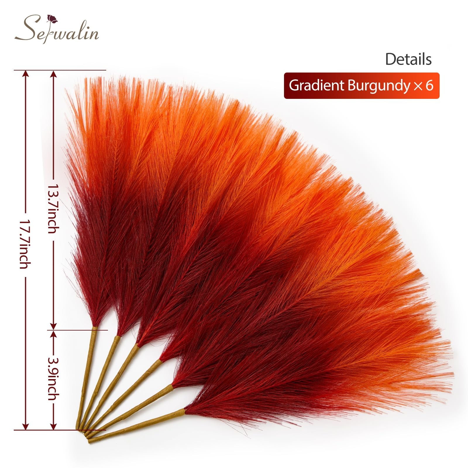 Gradient Burgundy Orange Pampas Grass Decor 17.7 Inch Faux Artificial 6 PCS