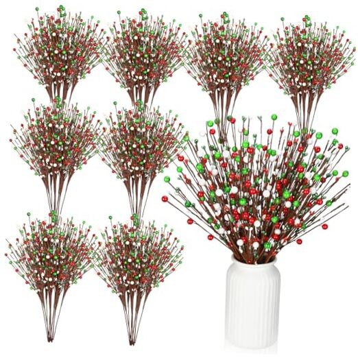 10 Pcs Christmas Floral Picks Berry Red Lime Green White Stem Red Green White