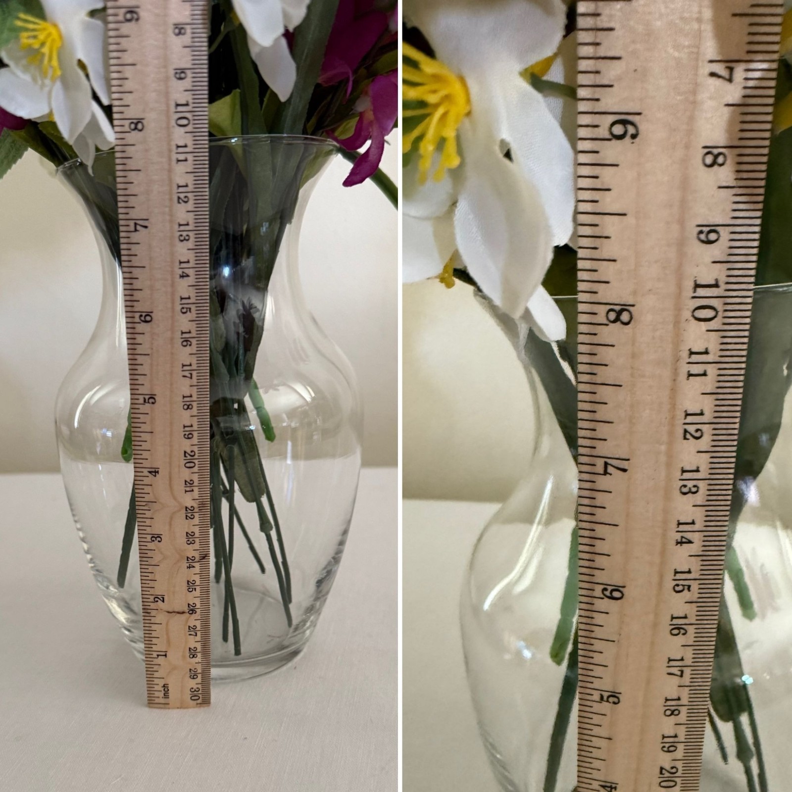 Handcrafted Floral Centerpiece Arrangement Clear Hourglass Vase Upcycled Decor