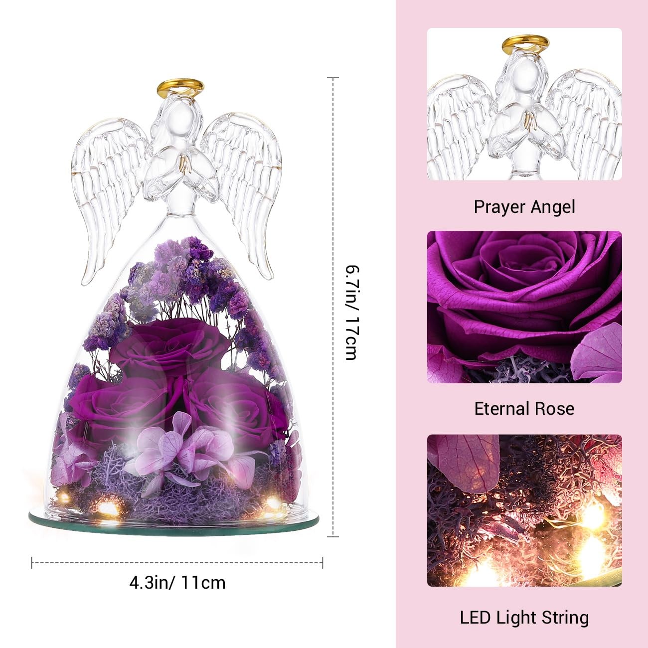 Preserved Rose Glass Angel Figurines Gifts for Mom Grandma, Purple