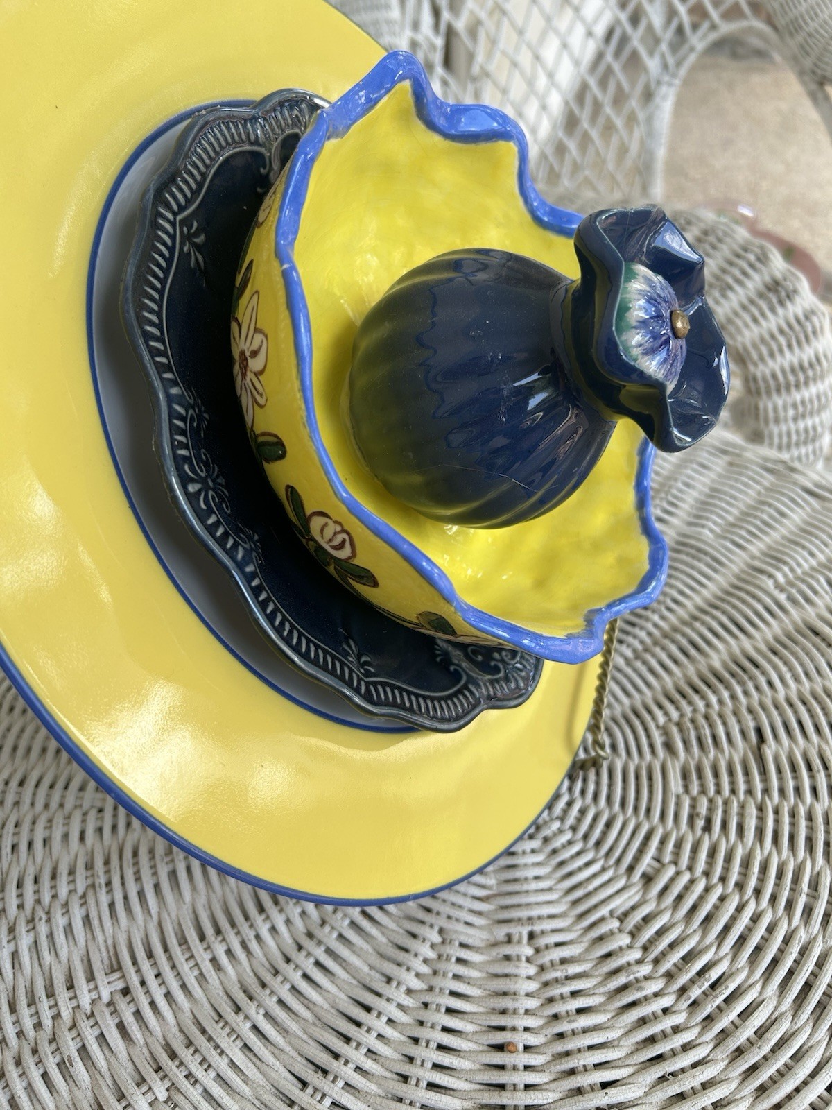 Yellow Blue Ceramic whimsical yard art flower. Glossy Floral, Round 8×6″