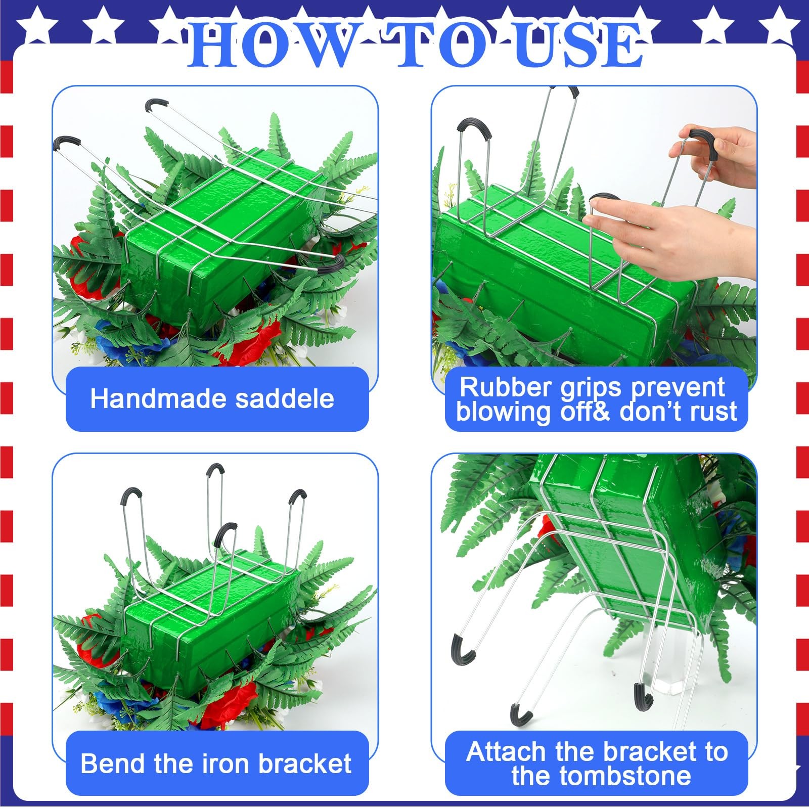 Patriotic Headstone Flower Saddle with American Flags, Red White Blue 4th of …