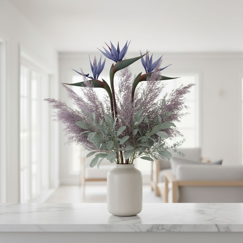 Bird of Paradise Stems Set of 3 Faux Tropical Flowers 30 Inch Tall Moody Blue Pu
